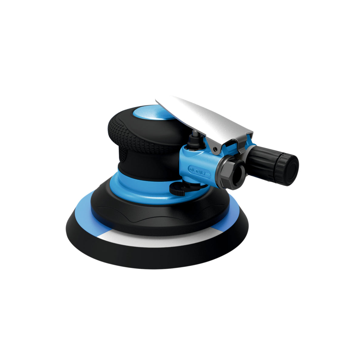 A pneumatic orbital sander machine with a white background