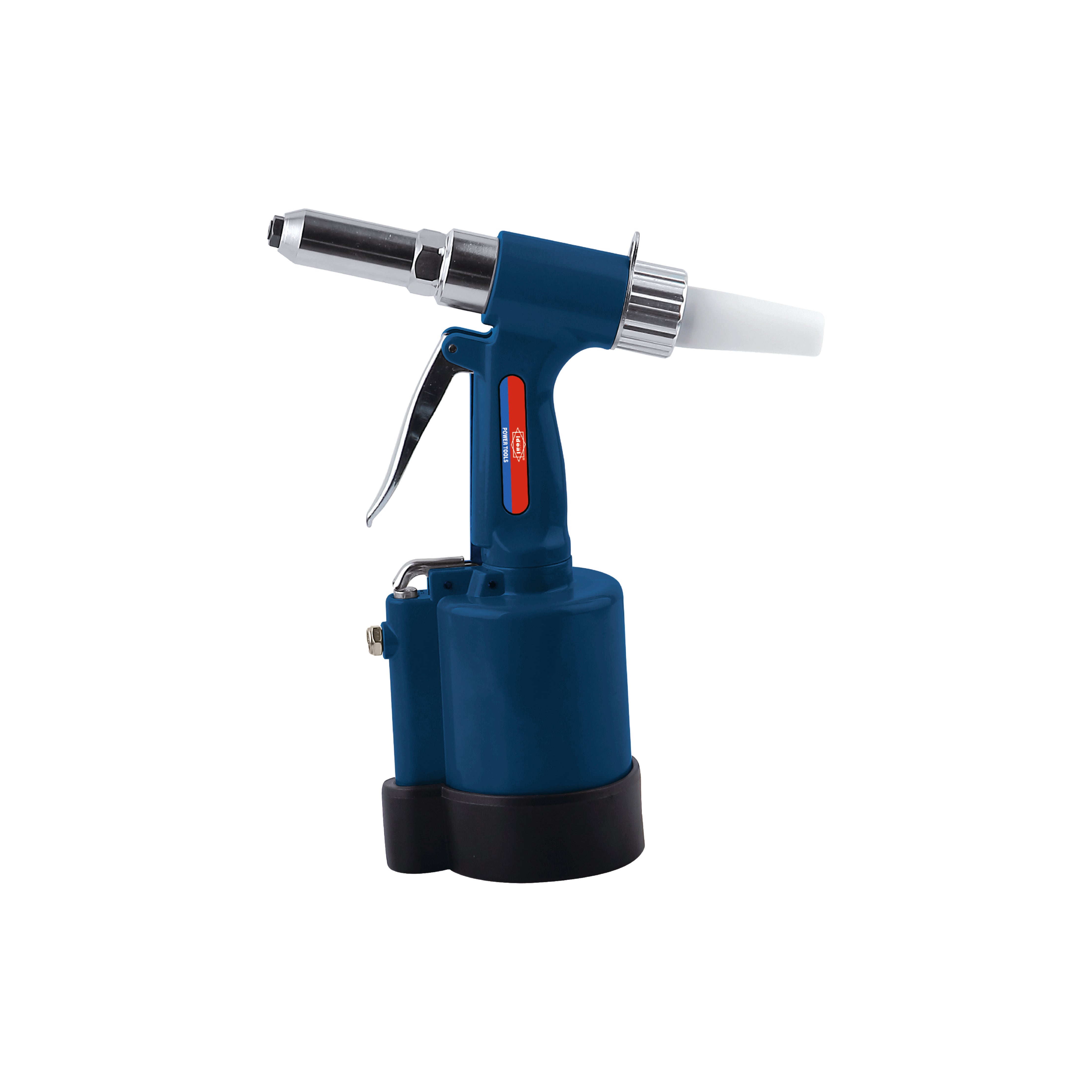 A pneumatic riveting gun with a blue body, silver accents, and a black base.