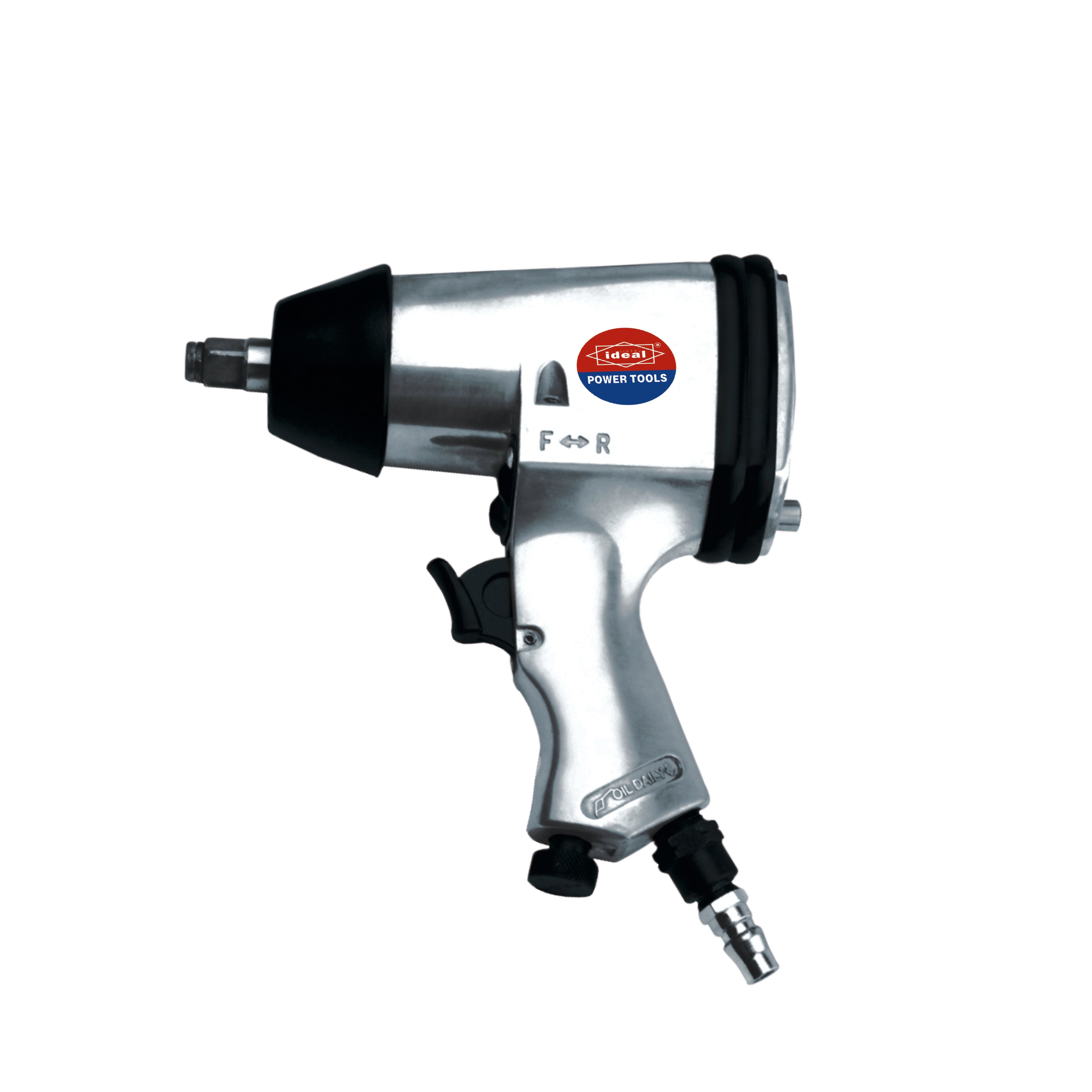A pneumatic impact wrench machine with a silver body, black and gray accents, and a hose attachment.