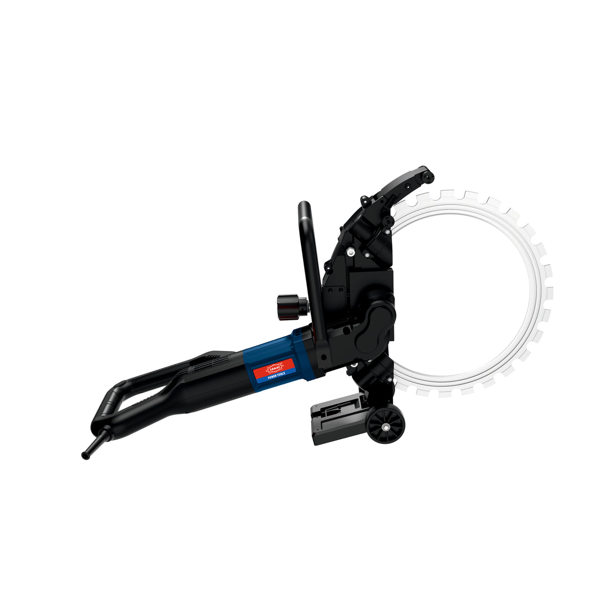 Electric portable slab cutter machine with a circular saw blade, predominantly black in color.