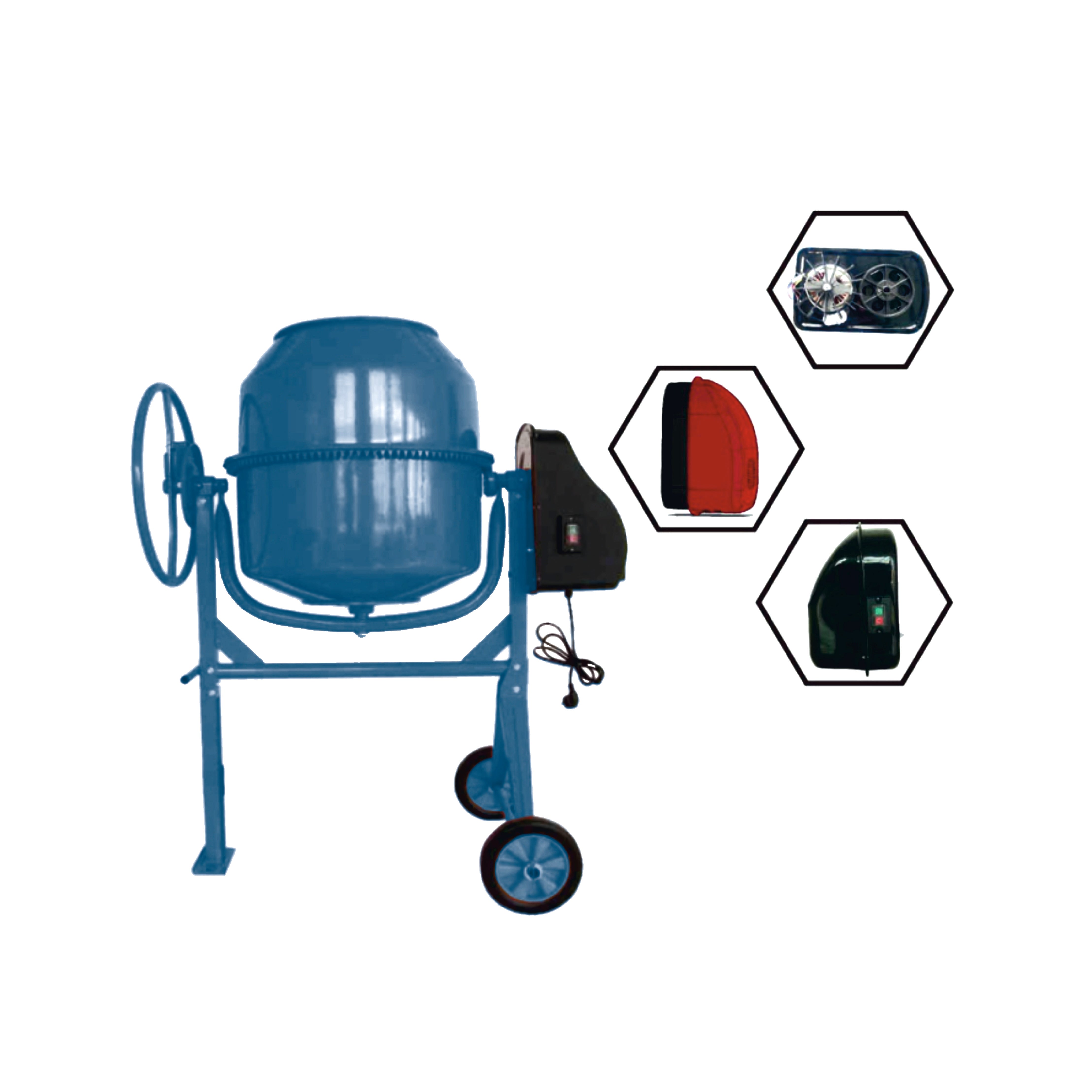 Electric concrete mixer machine with a blue drum, black motor, and wheels, with additional views of its features.