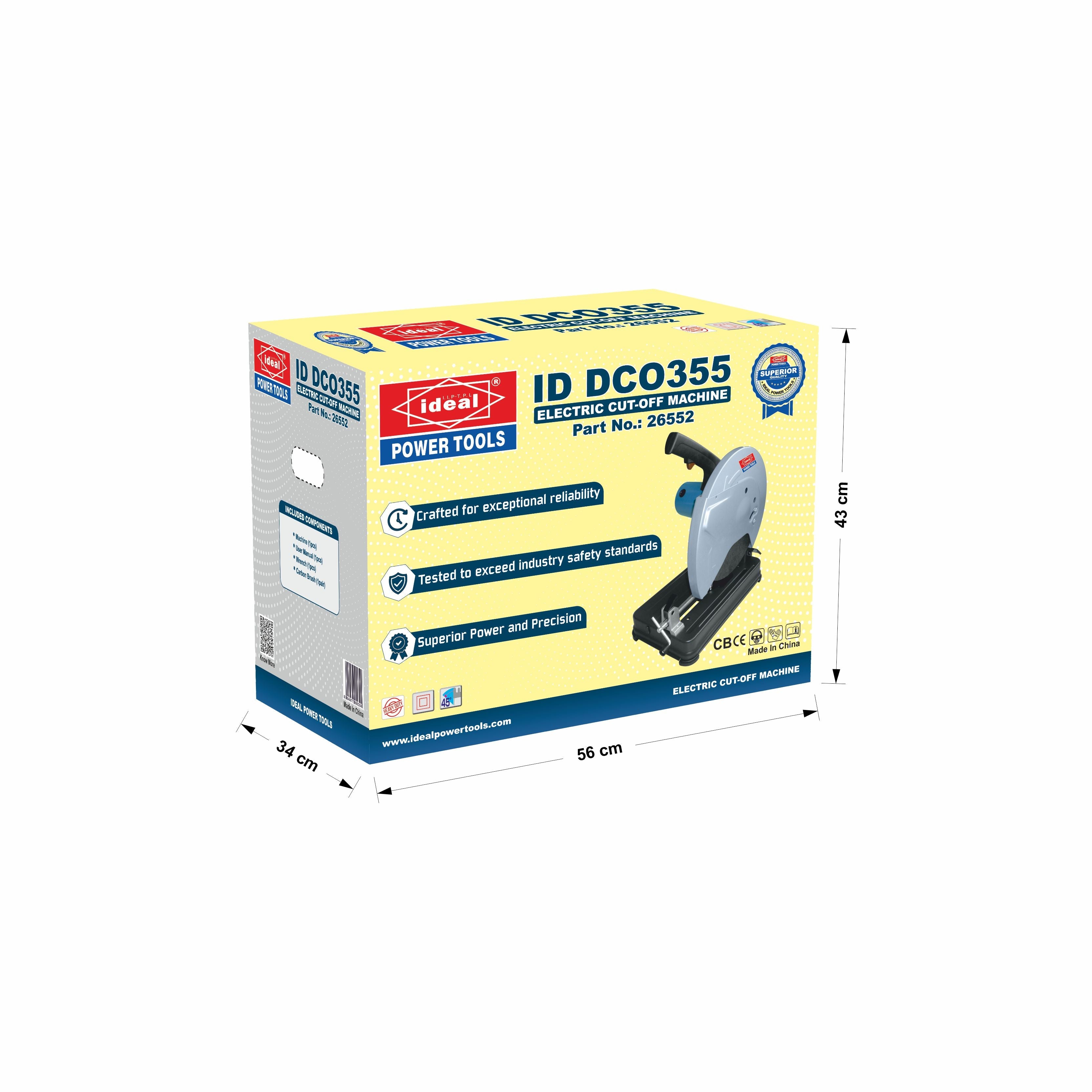 Box packaging of cut-off saw machine ID DCO355 with dimensions indicated