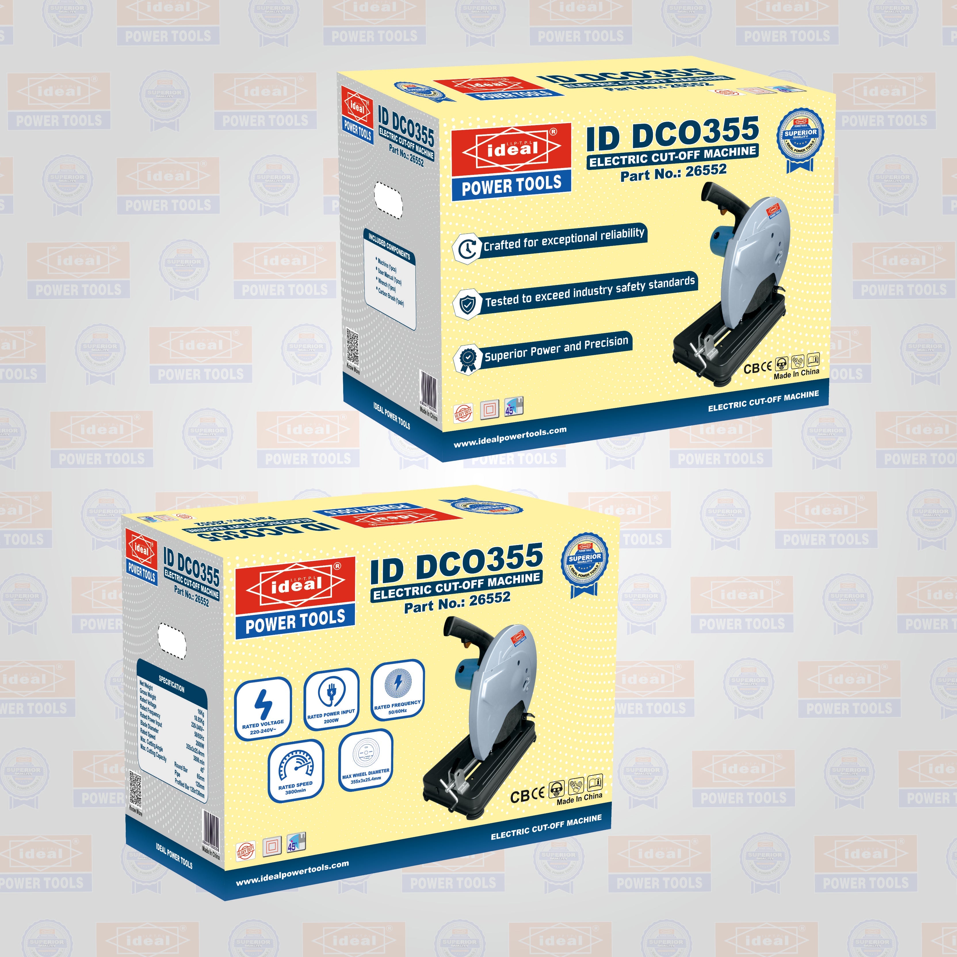 Two boxes of cut-off saw ID DCO355 machine on a branded background