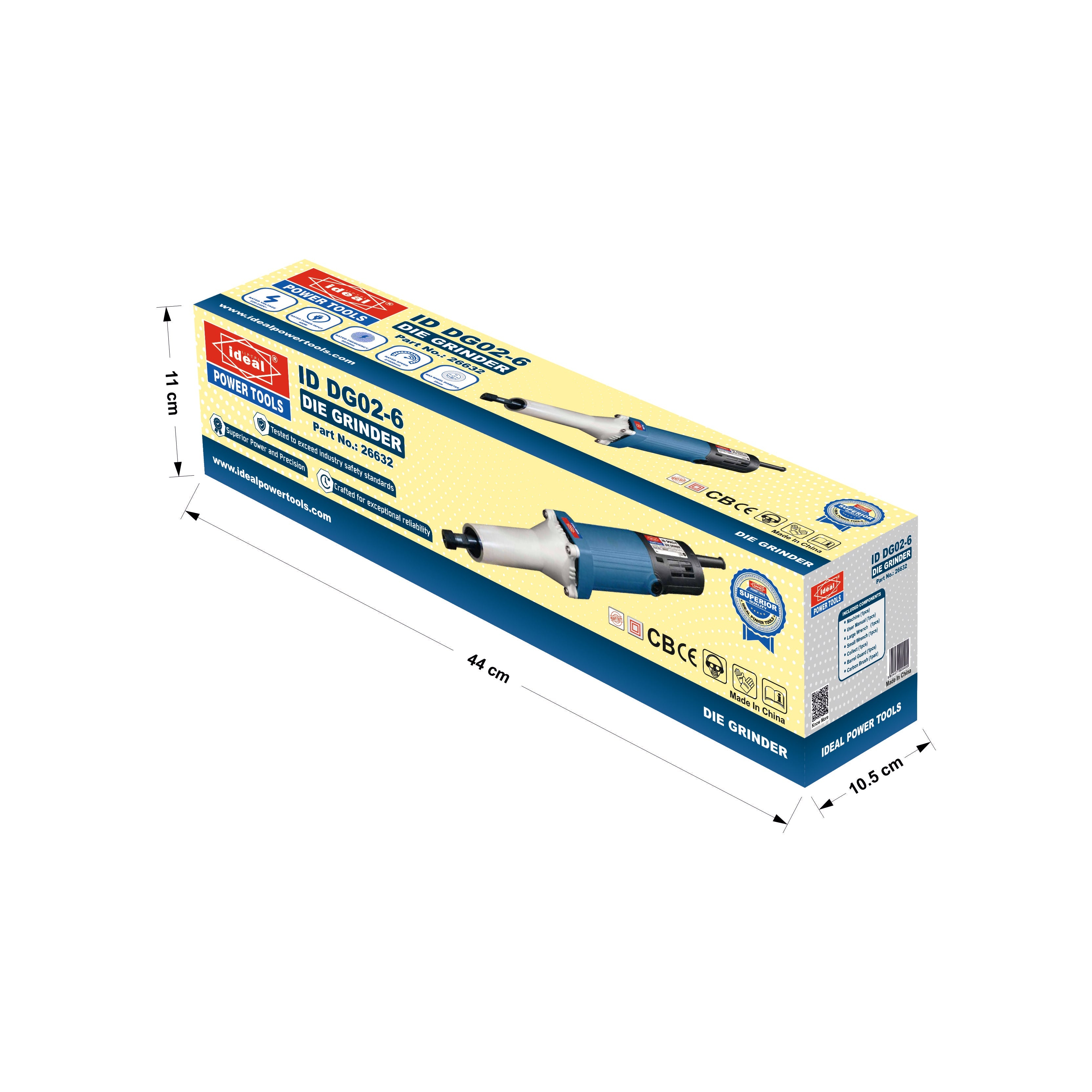 Box of die grinder machine with dimensions indicated
