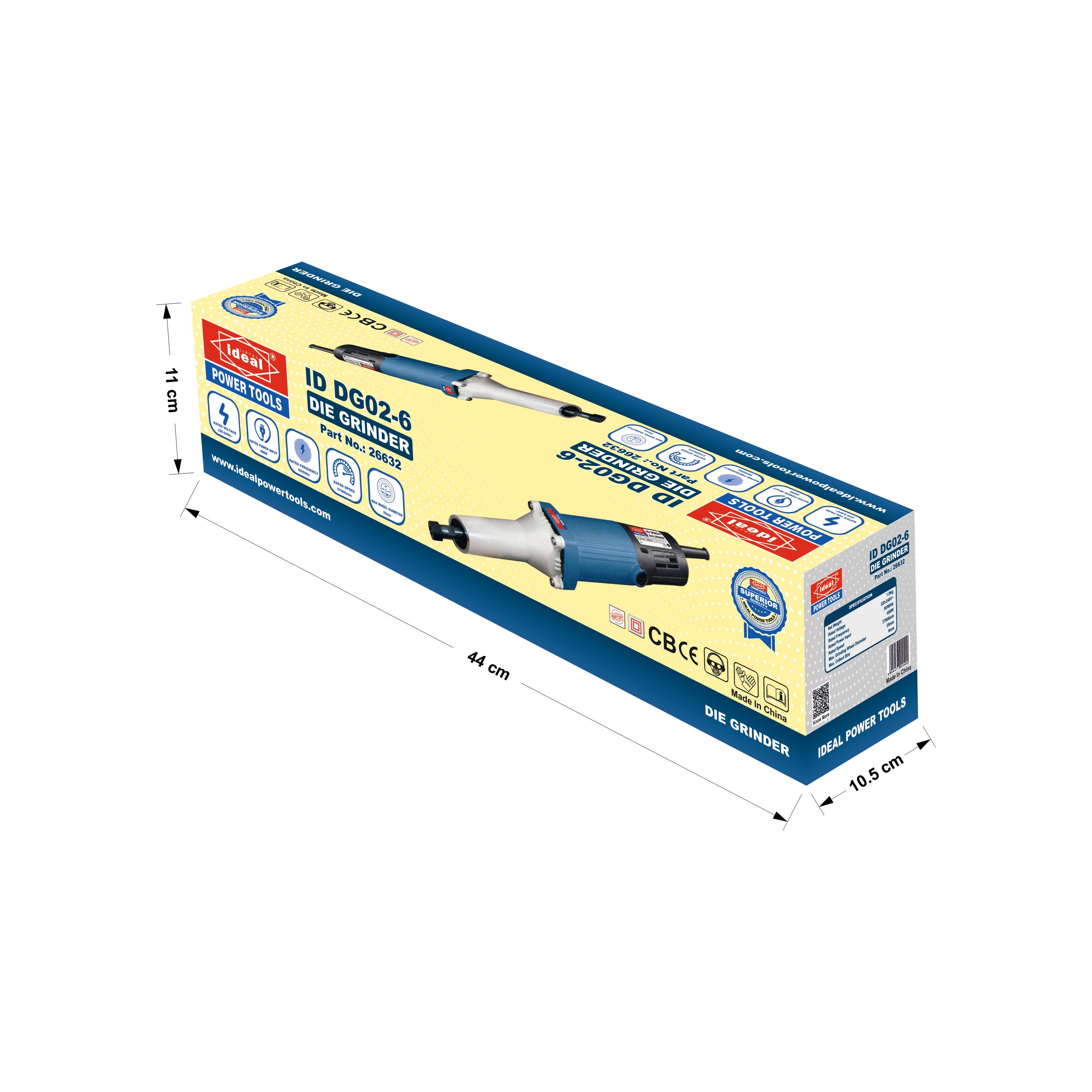 Box packaging of die grinder machine with dimensions marked on a white background