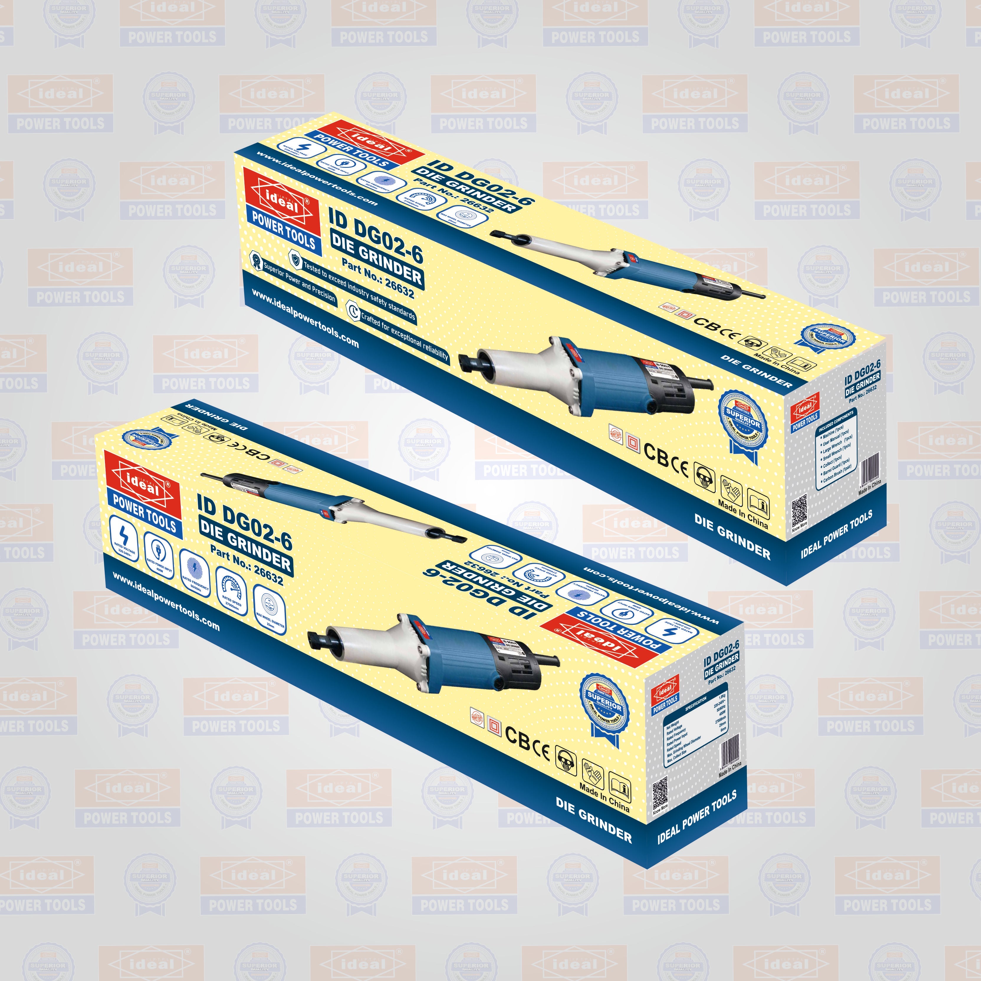 Two boxes of die grinder machines on a branded background