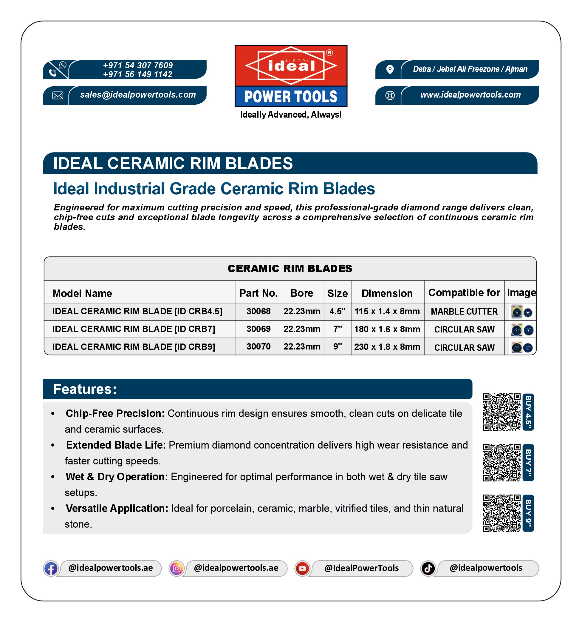 A white promotional information sheet for Ideal Power Tools ceramic rim blades, featuring the Ideal Power Tools logo, contact details, a table of ceramic rim blade models with dimensions, and a list of features on a clean white background.