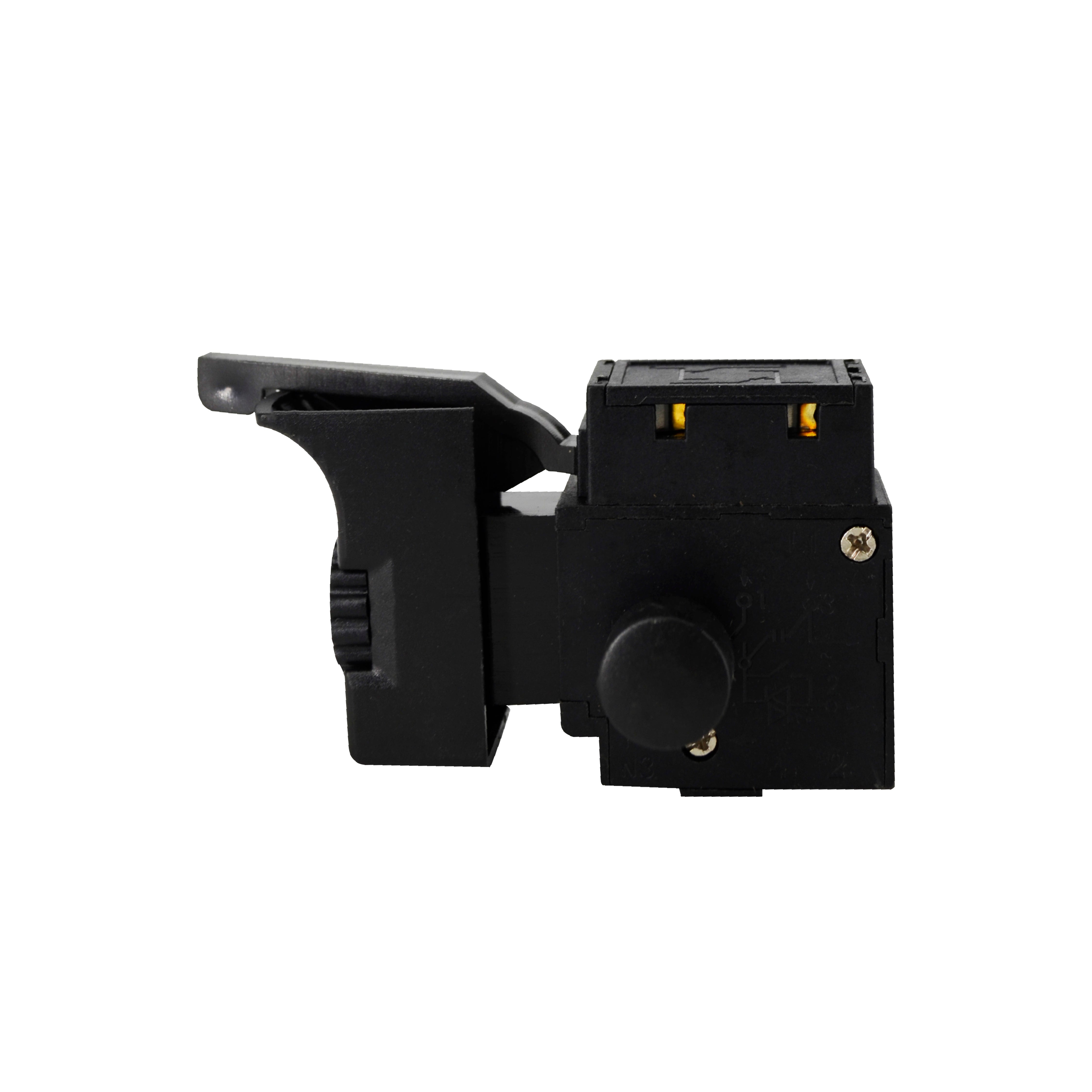 Black switch spare part for impact drill on a white background