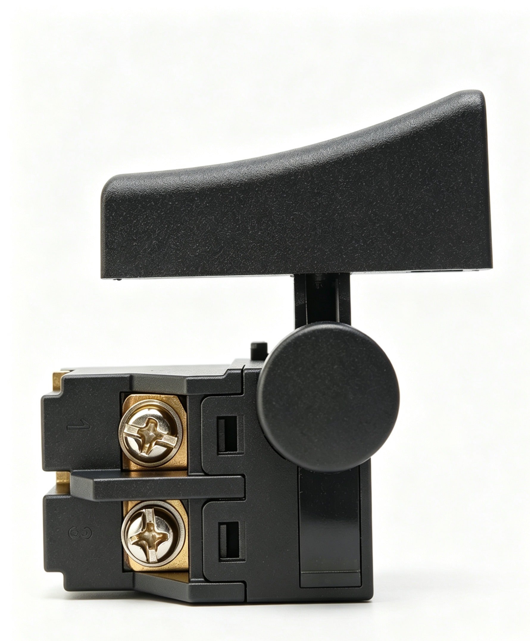 Black mechanical switch with gold contacts on a white background