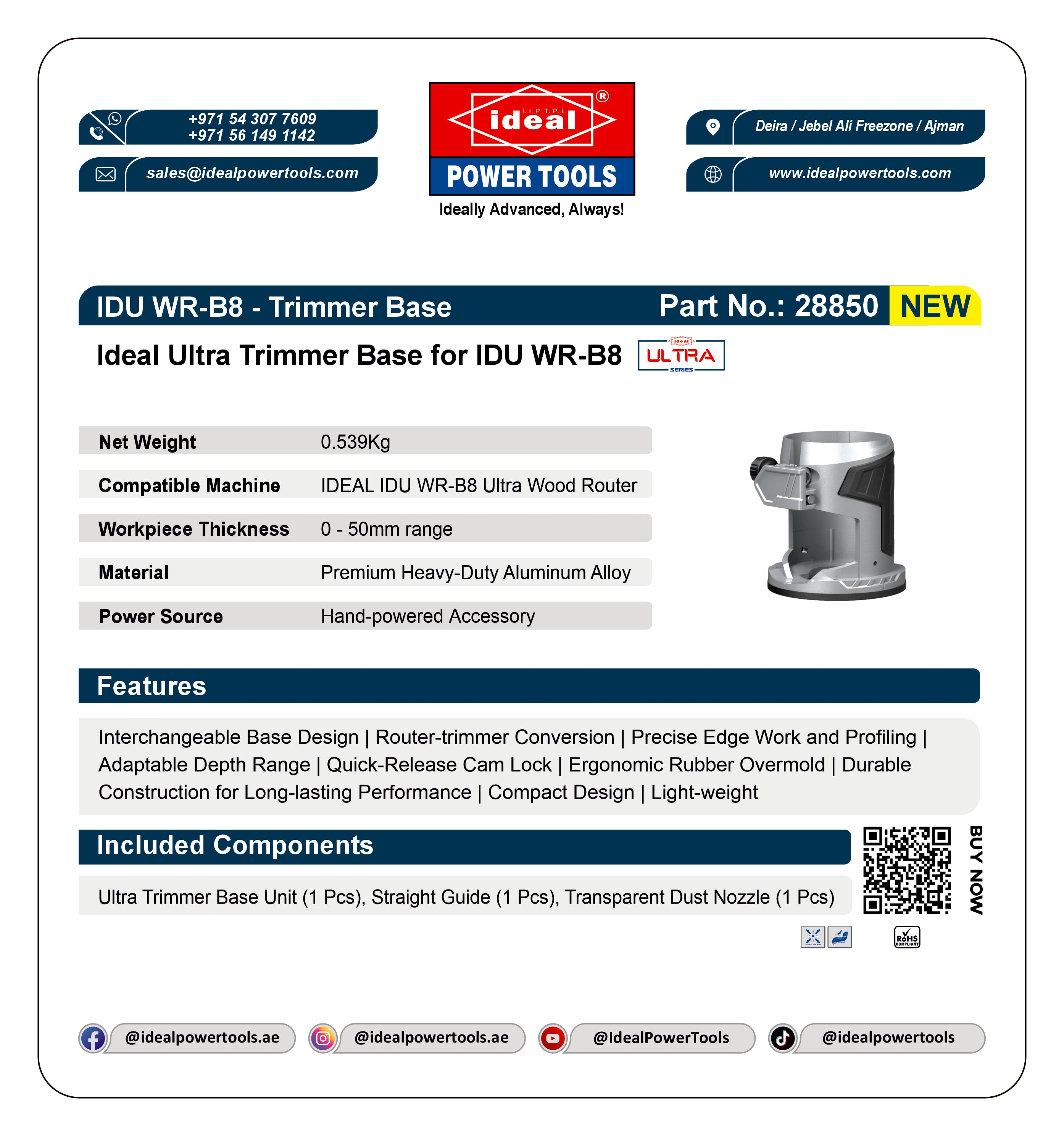 Product card for Ideal Ultra Trimmer Base for IDU WR-B8 with specifications and features.