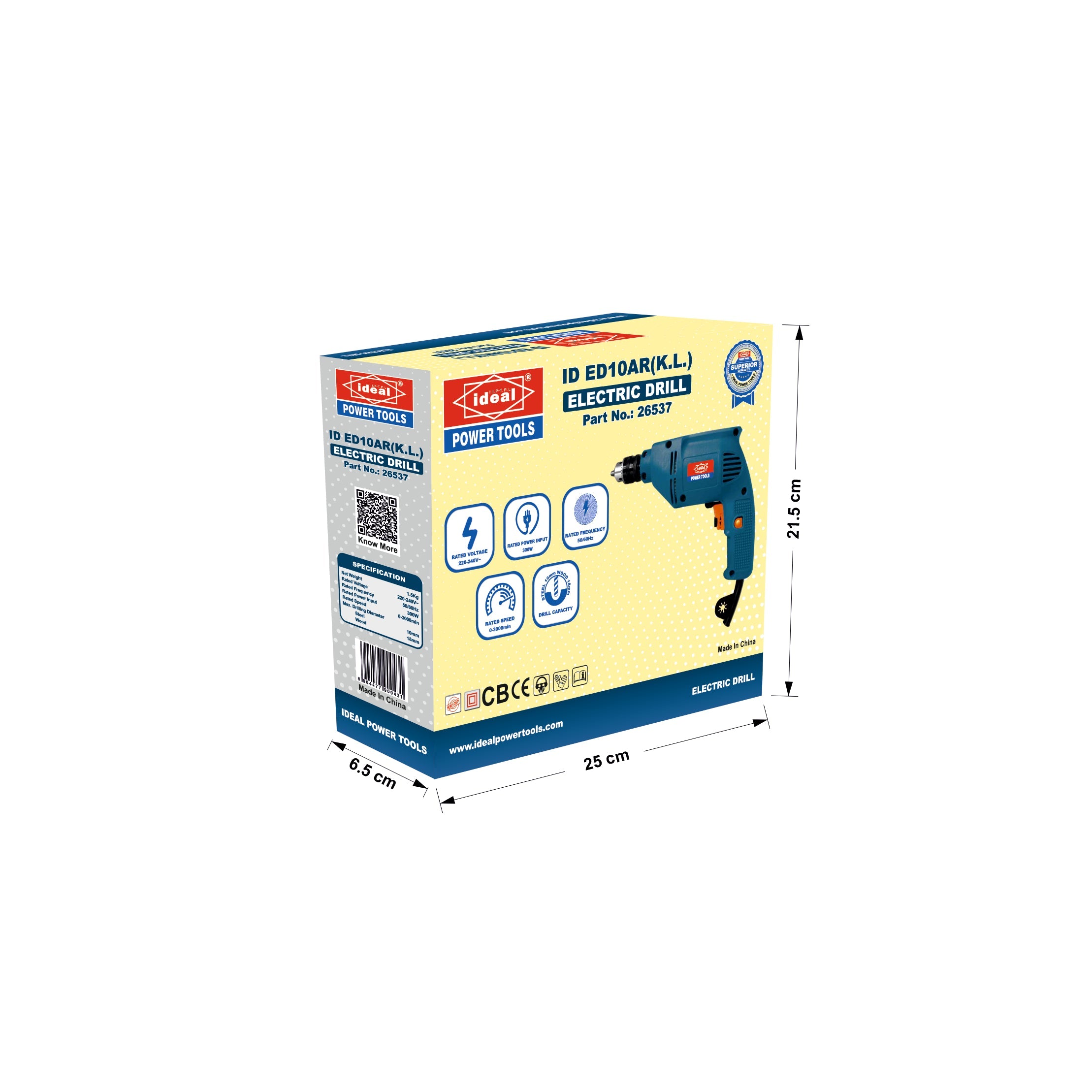 A box of electric drill ID ED10AR with dimensions indicated on a white background
