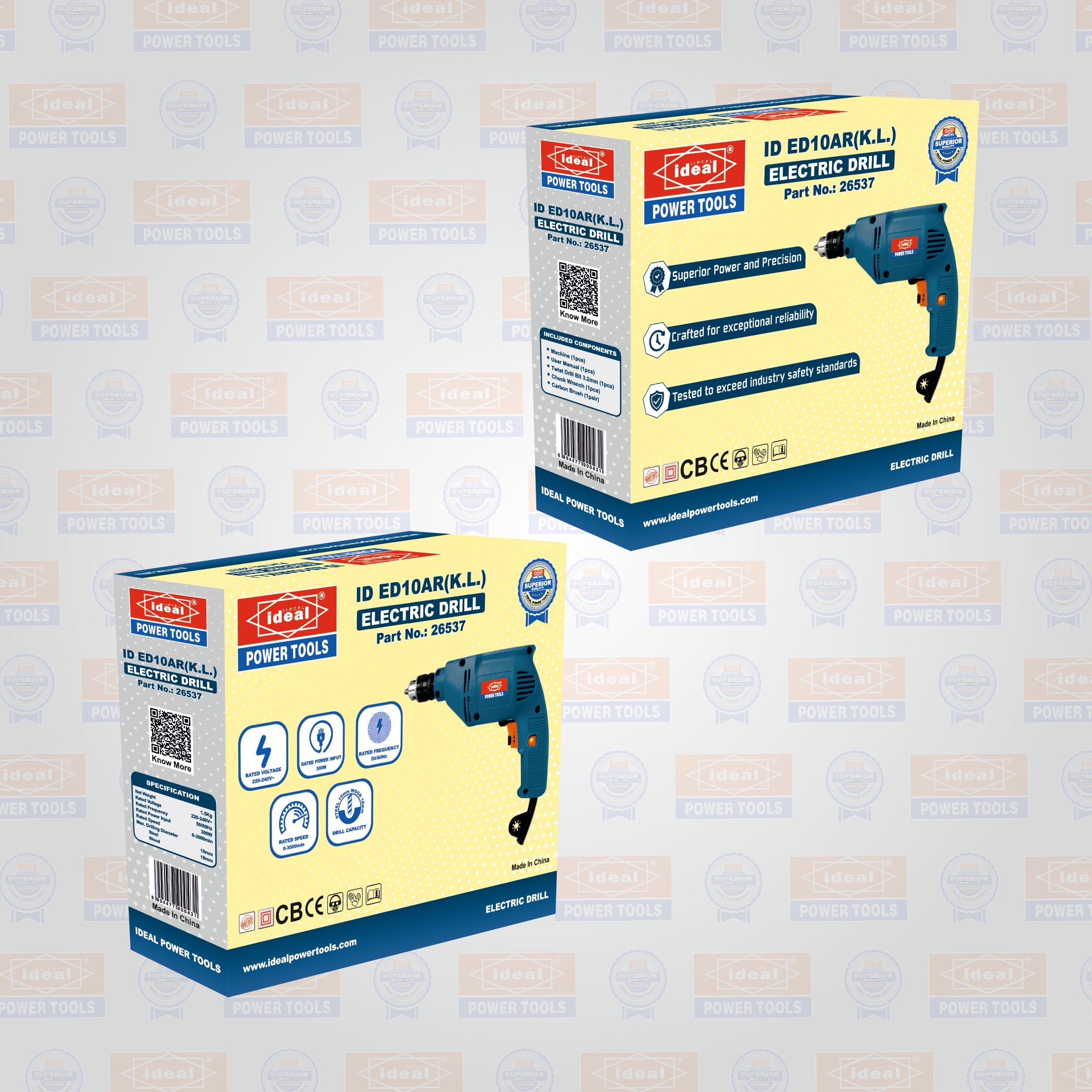 Two boxes of drill machines on a branded background