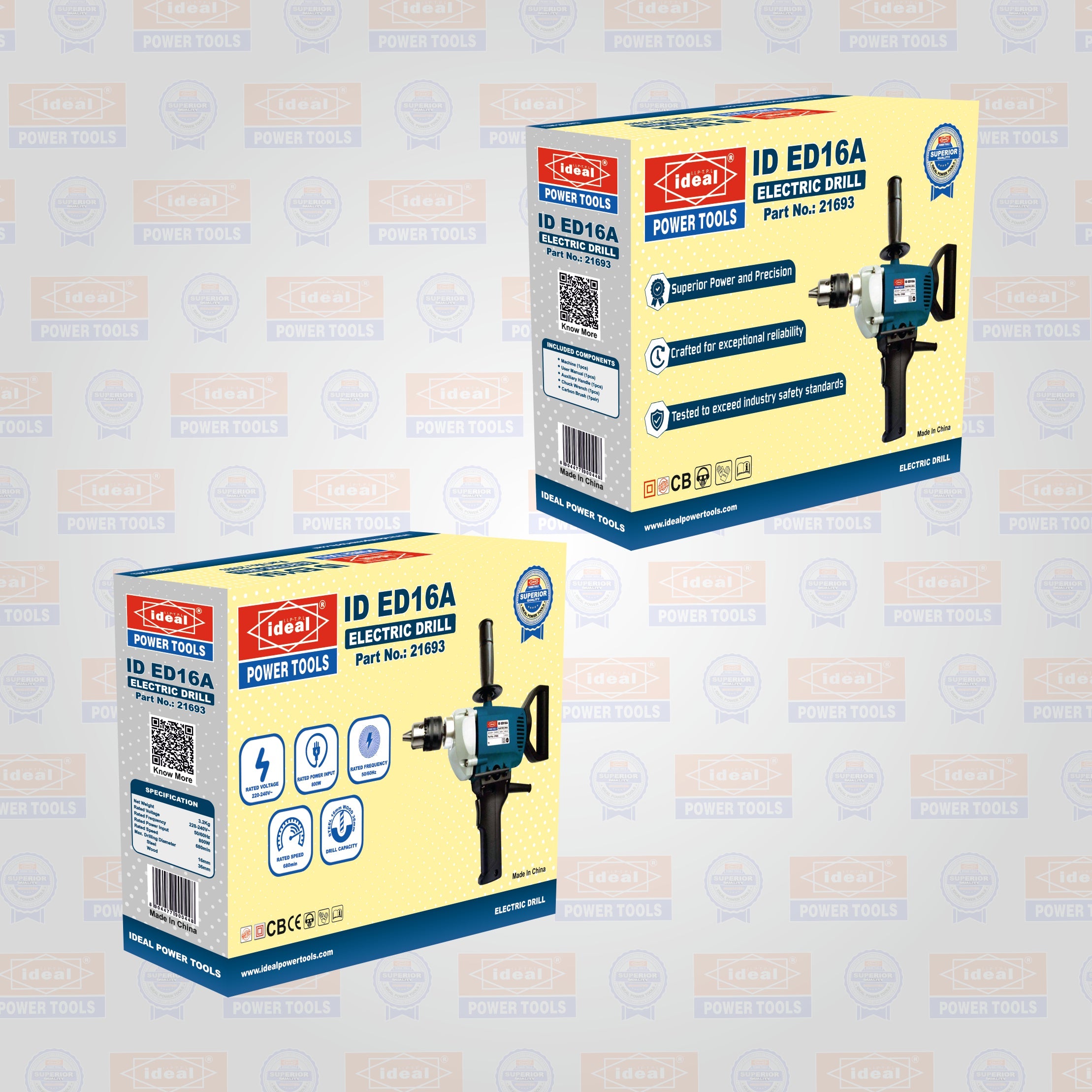 Two boxes of electric drill ID ED16A with branded background
