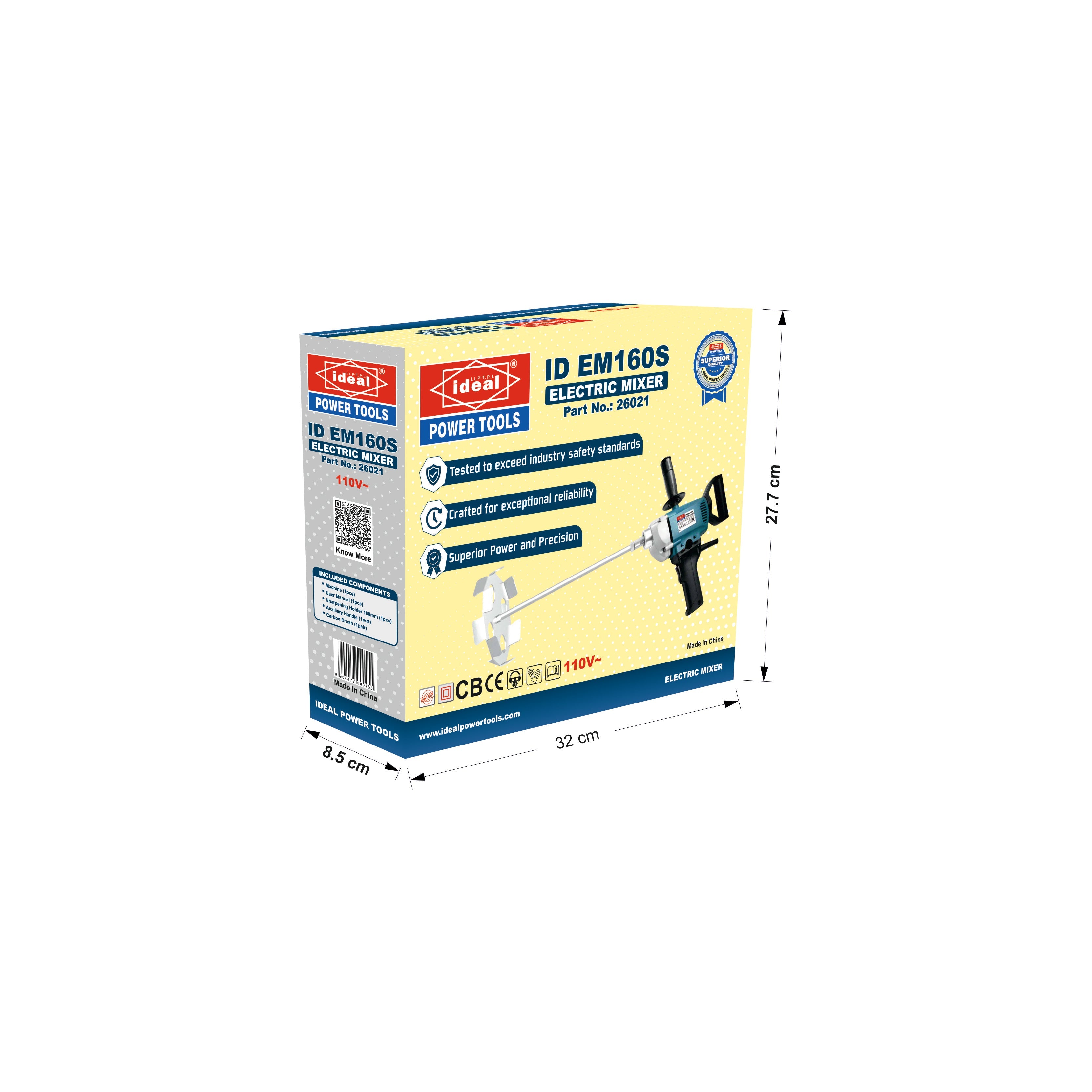 Box packaging of an IDEAL POWER TOOLS Electric Paint Mixer with dimensions indicated