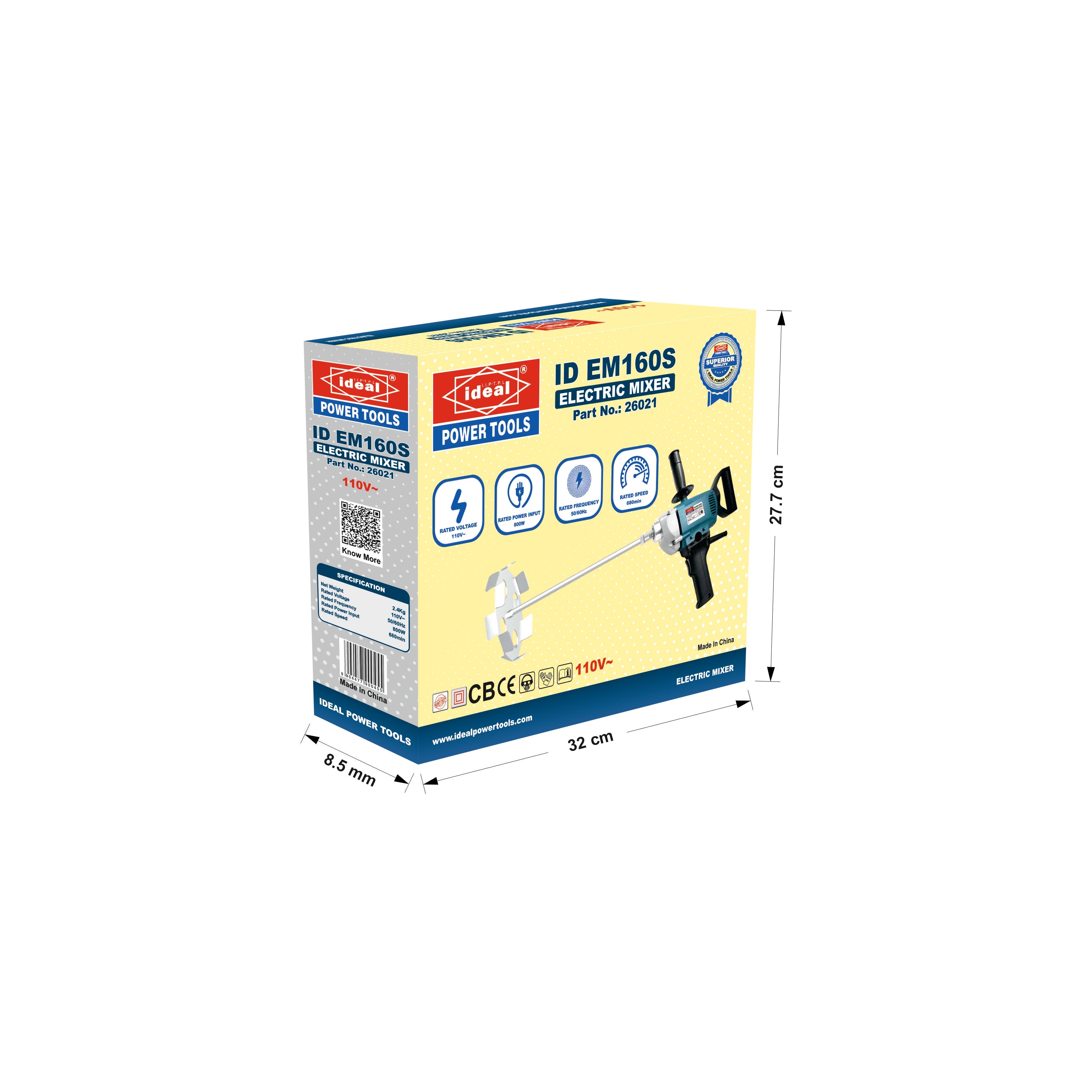 Box packaging of ID EM160S Electric Paint Mixer with dimensions indicated