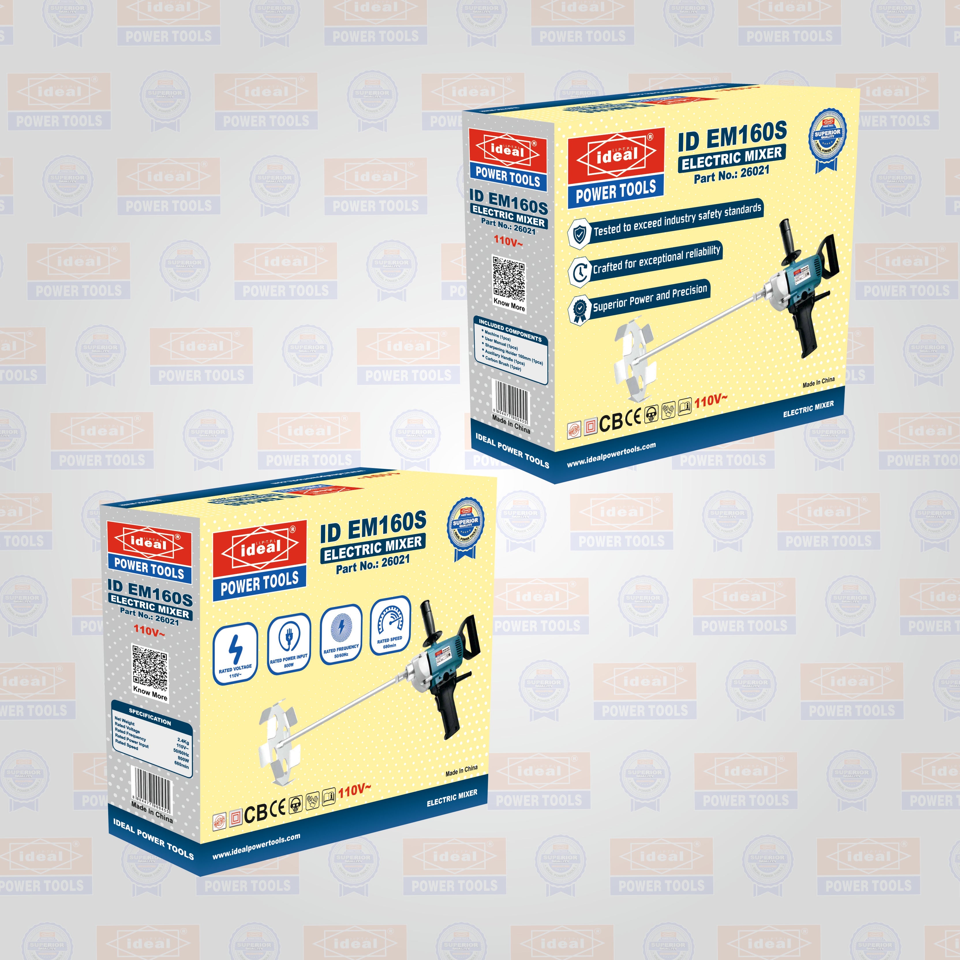 Box packaging of ID EM160S paint mixer with branded background