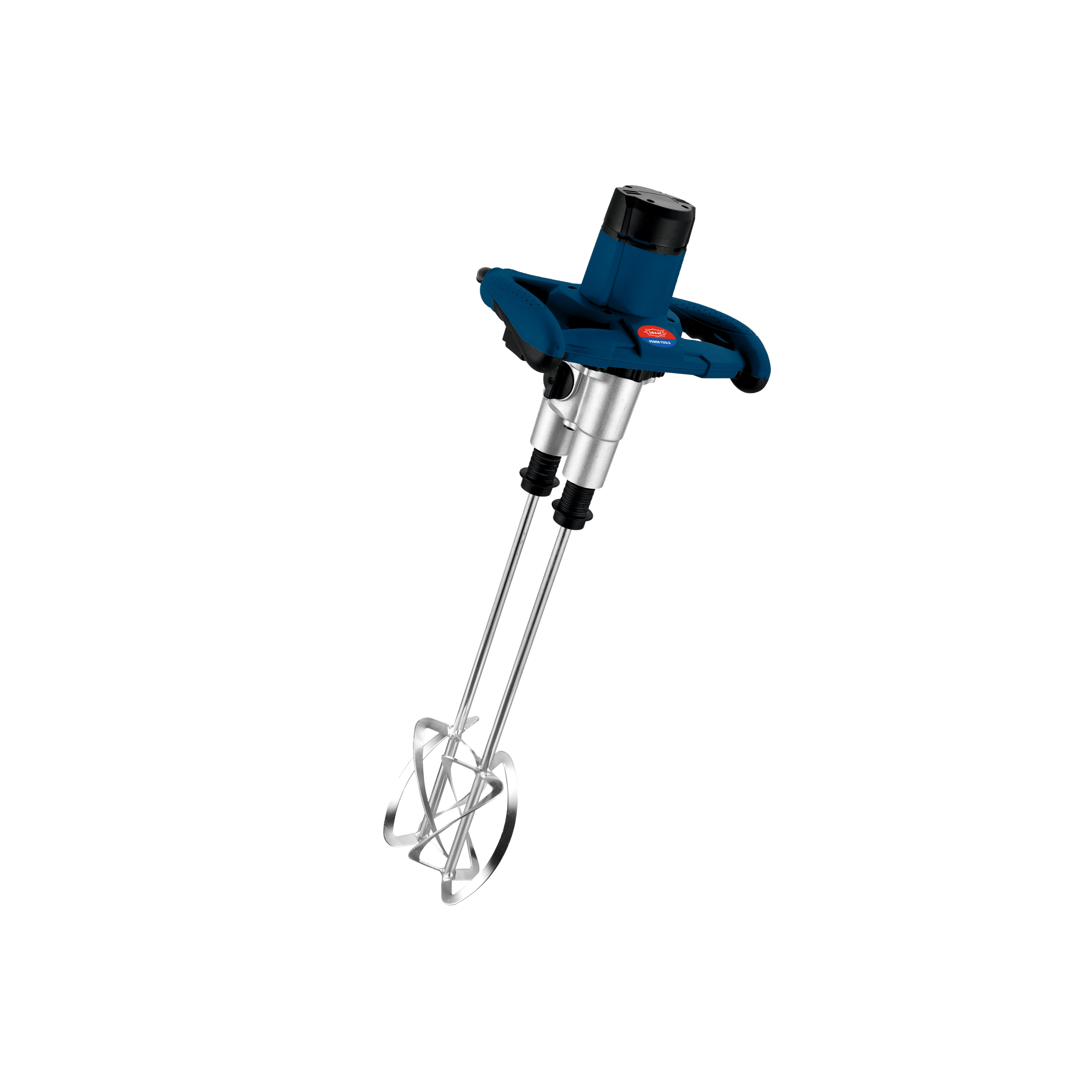 ID EM2-1400 Dual Rod Electric Paint Mixer Machine with a blue handle and a silver mixing rod.