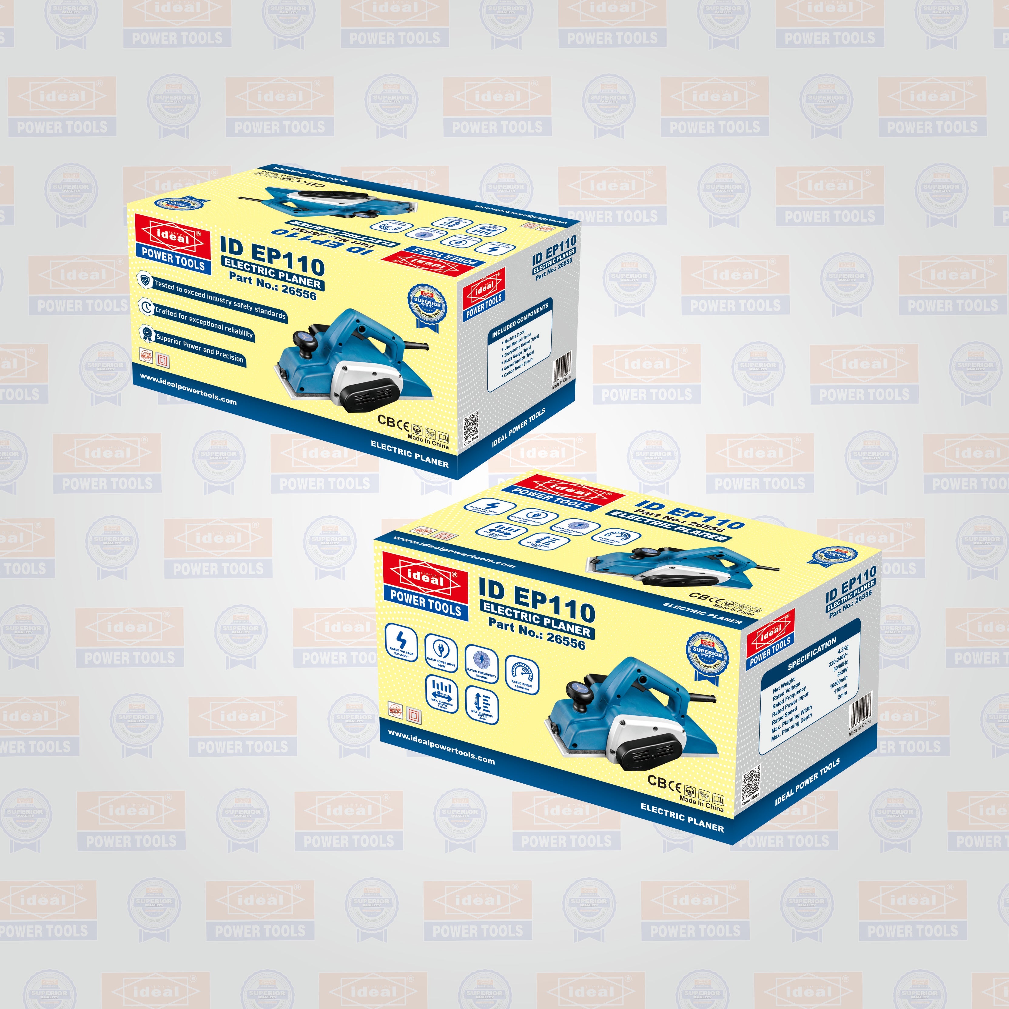 Box packaging of electric planer ID EP110 with branded background
