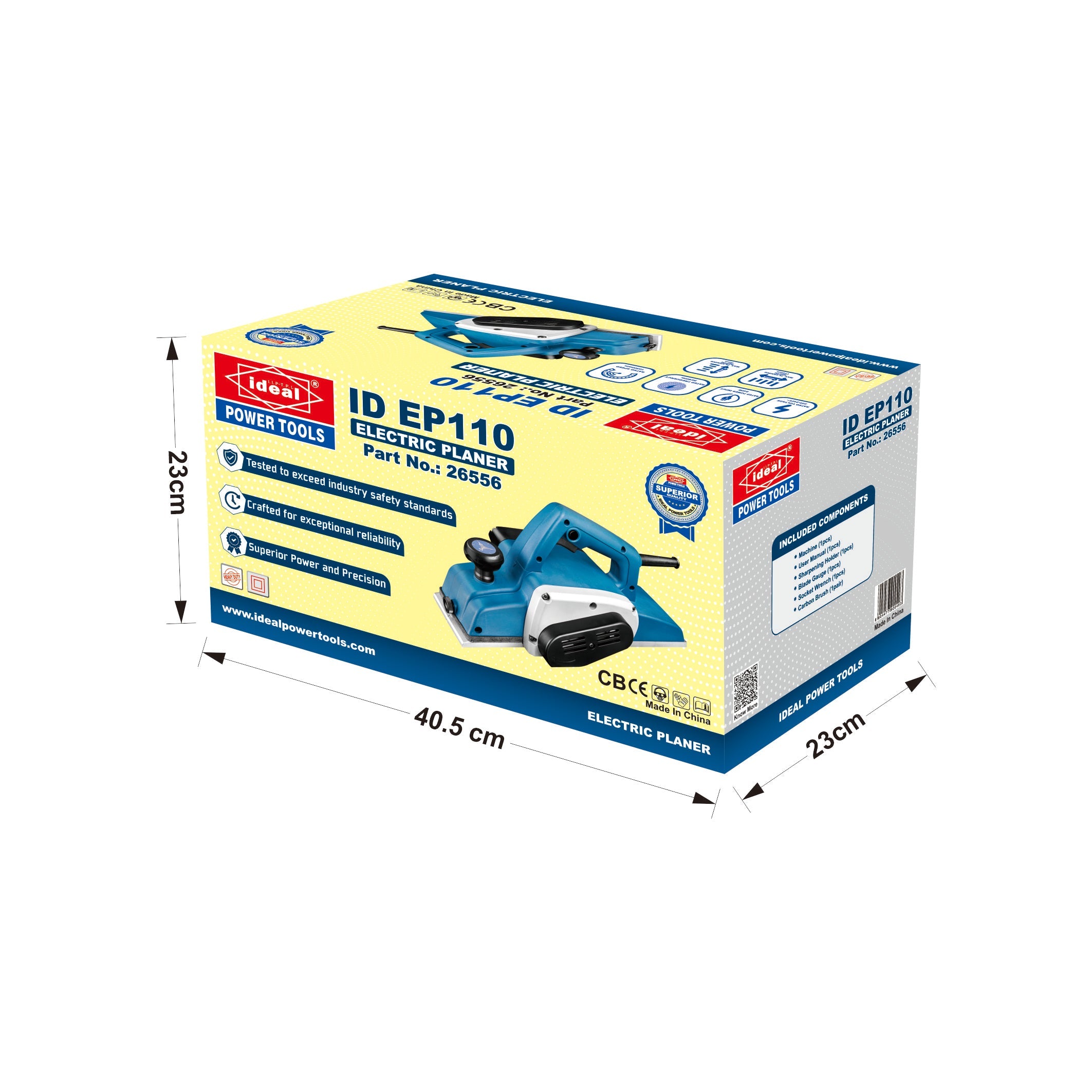 Box packaging of an IDEAL POWER TOOLS electric planer ID EP110 with dimensions indicated.