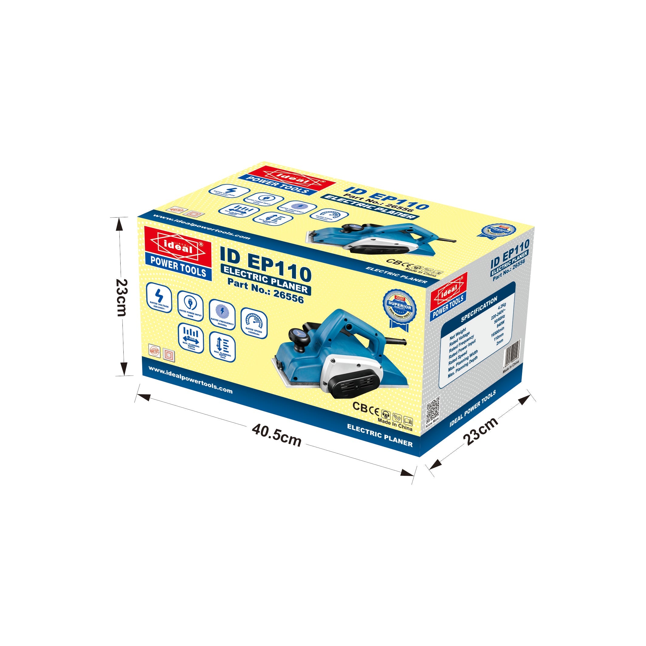 Box packaging of electric planer ID EP110 with dimensions indicated.