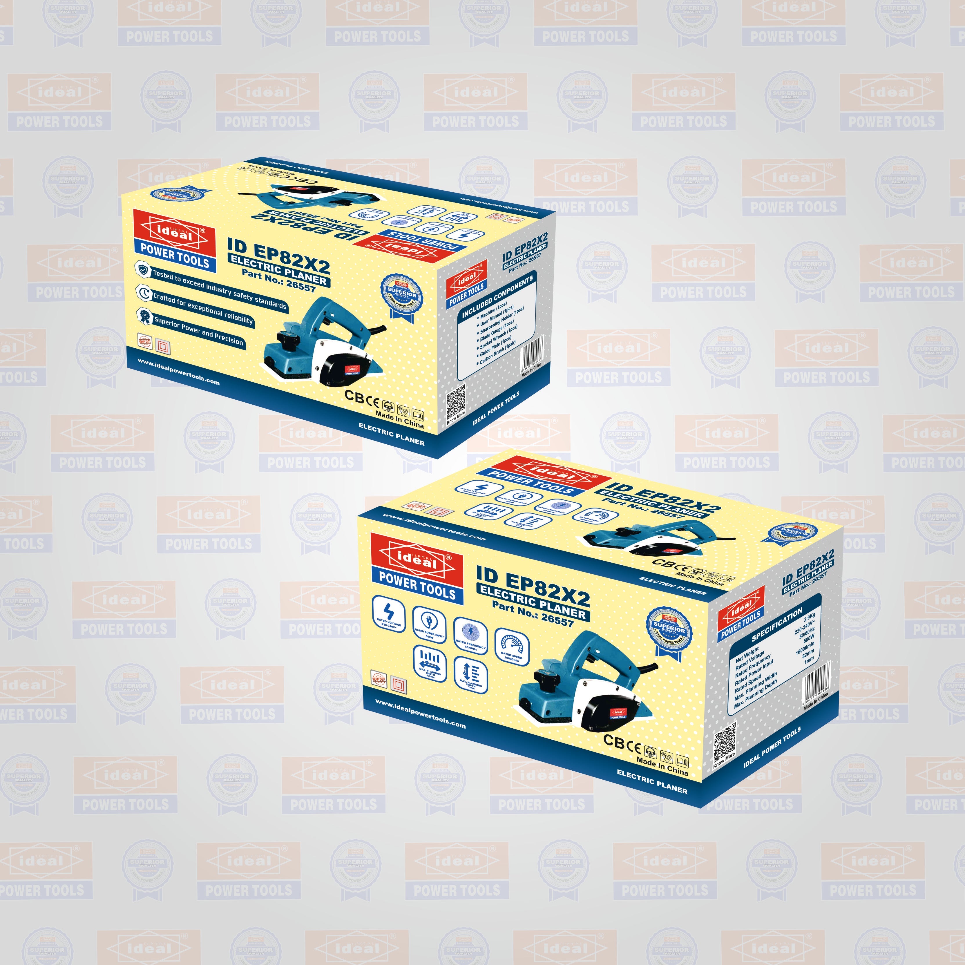Box packaging of electric planer with branded background.