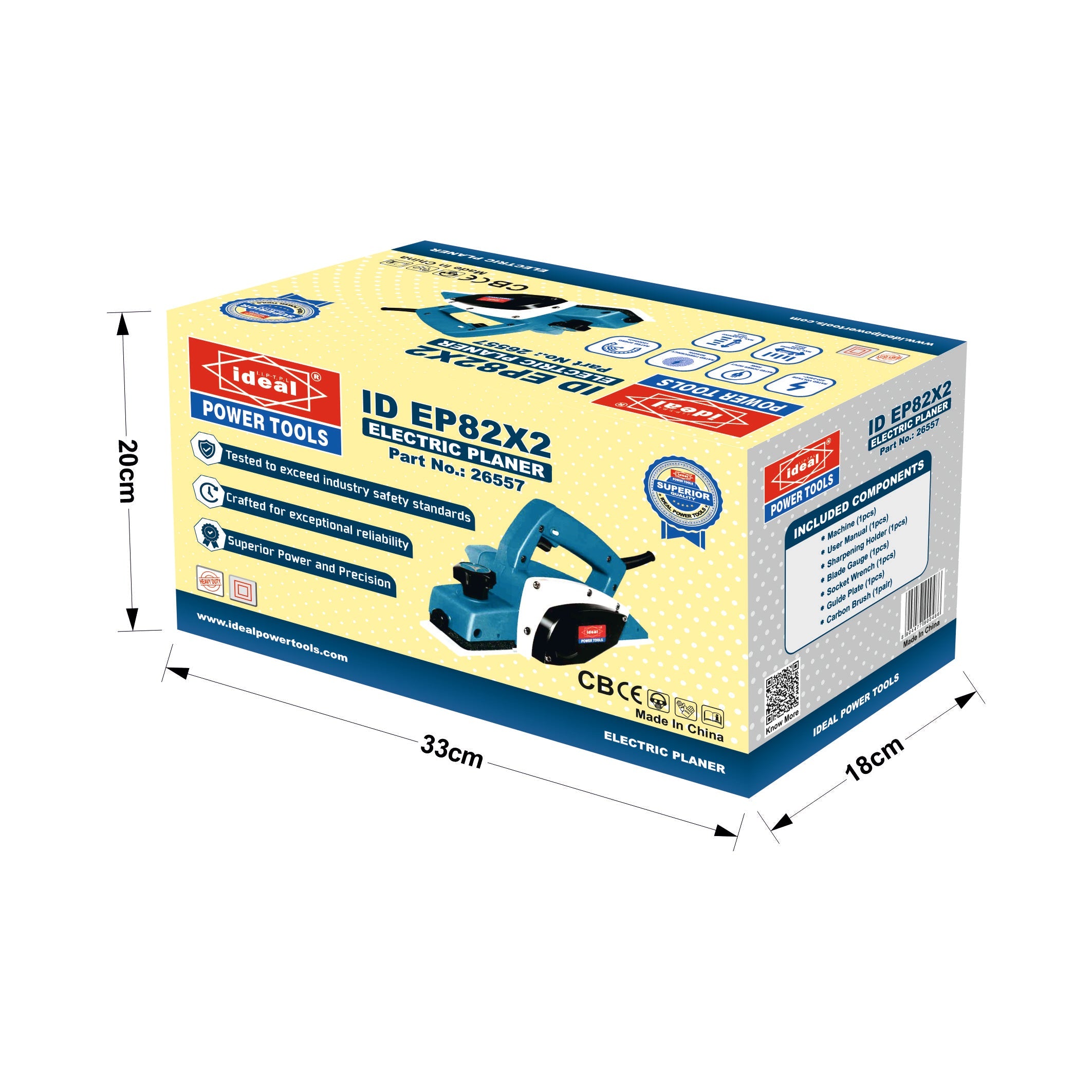 Box packaging of an IDEAL POWER TOOLS electric planer ID EP82X2 with dimensions indicated.