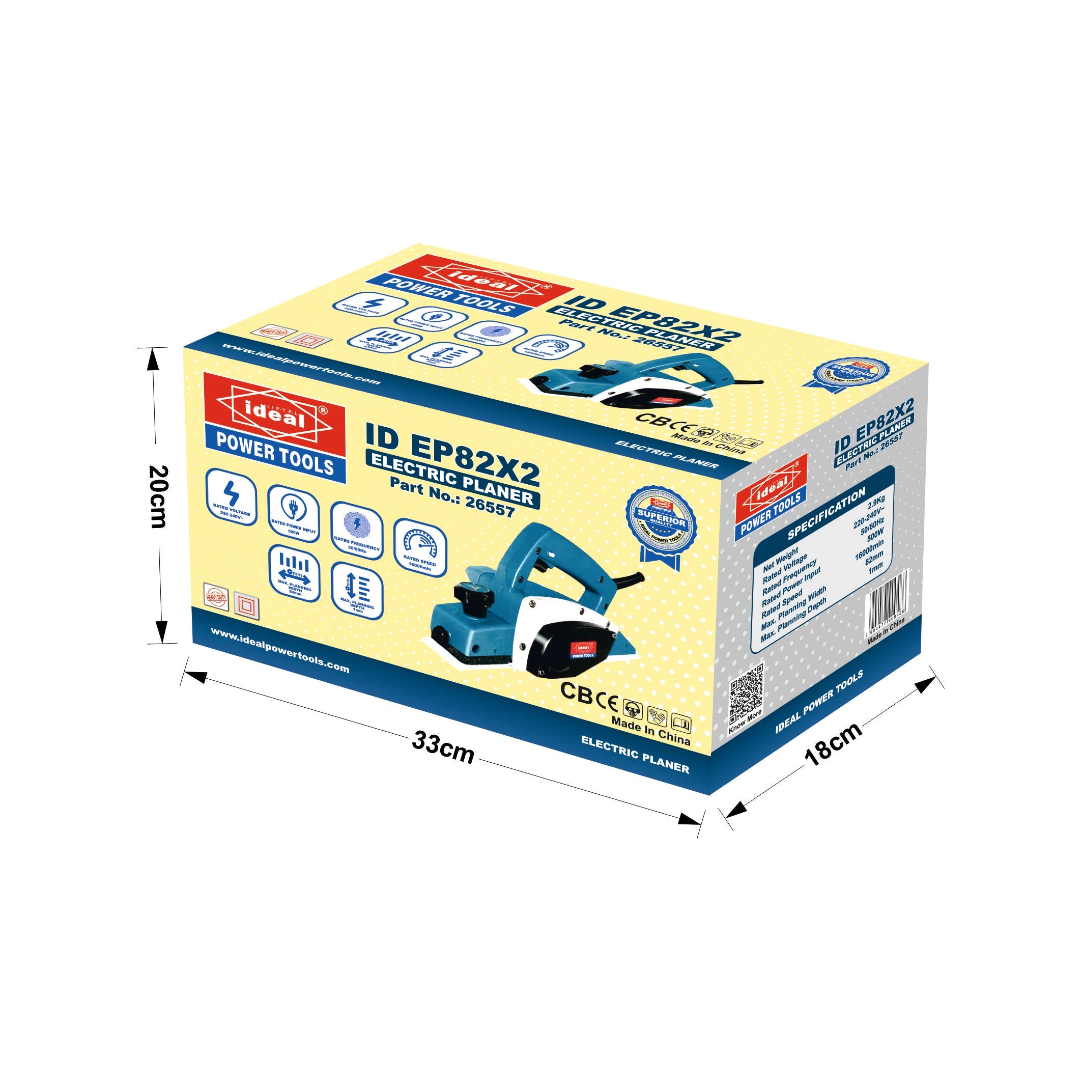 Box packaging of electric planer (ID EP82X2) with dimensions indicated.