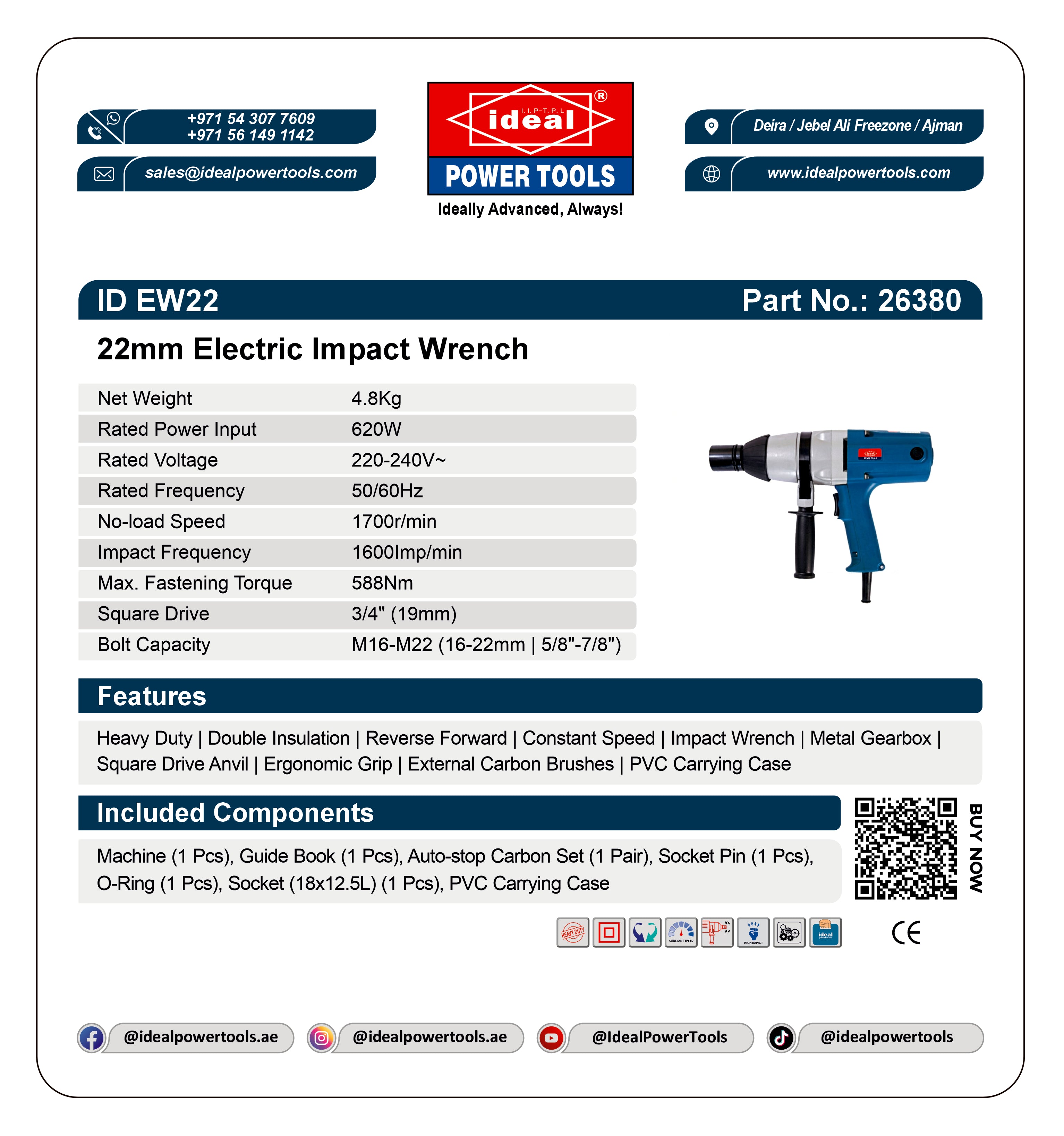Product label for 22mm Electric Impact Wrench ID EW22 with specifications and branding details.