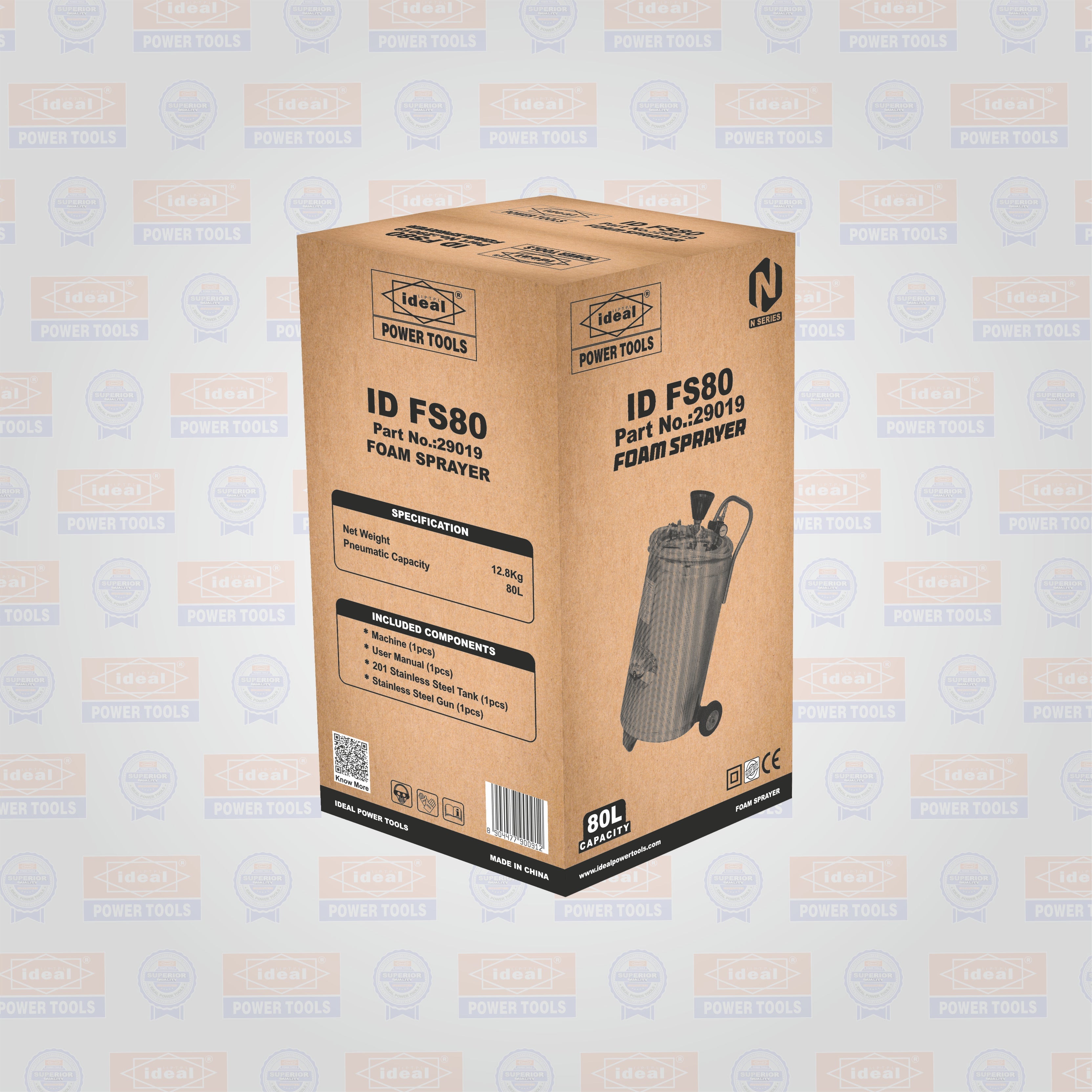 Cardboard box of ID FS80 foam sprayer on a branded background