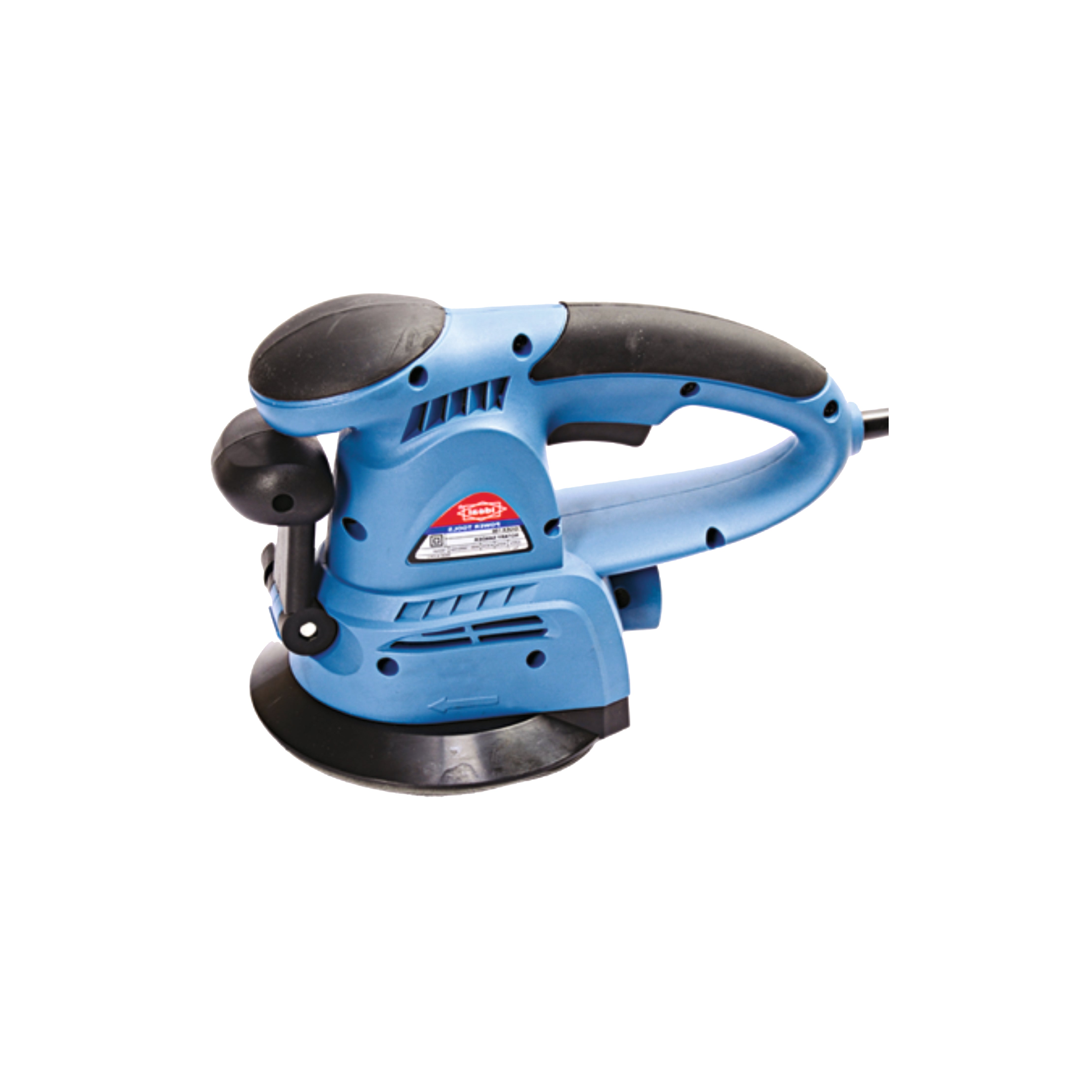 A blue and black electric rotary sander machine with a power cord.