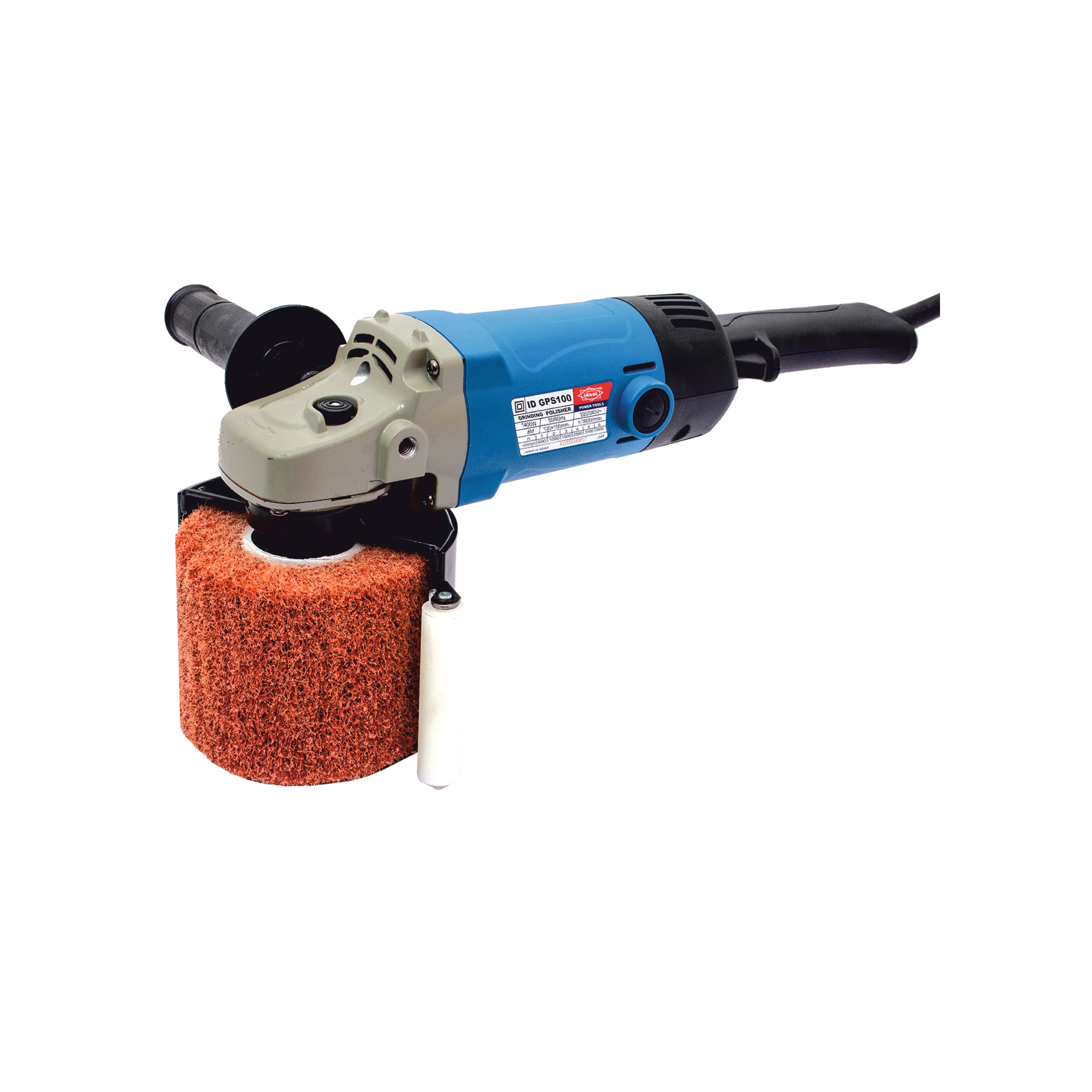 An electric Grinding Polisher Machine with a red sponge attachment, primarily blue and black in color.