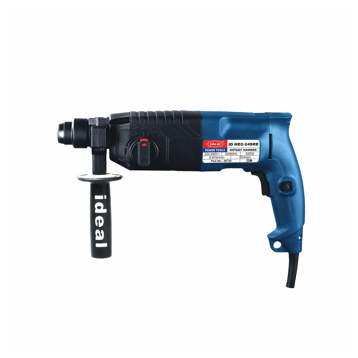 Blue and black rotary hammer drill ID HD2-24SRE with 'ideal' branding on a white background