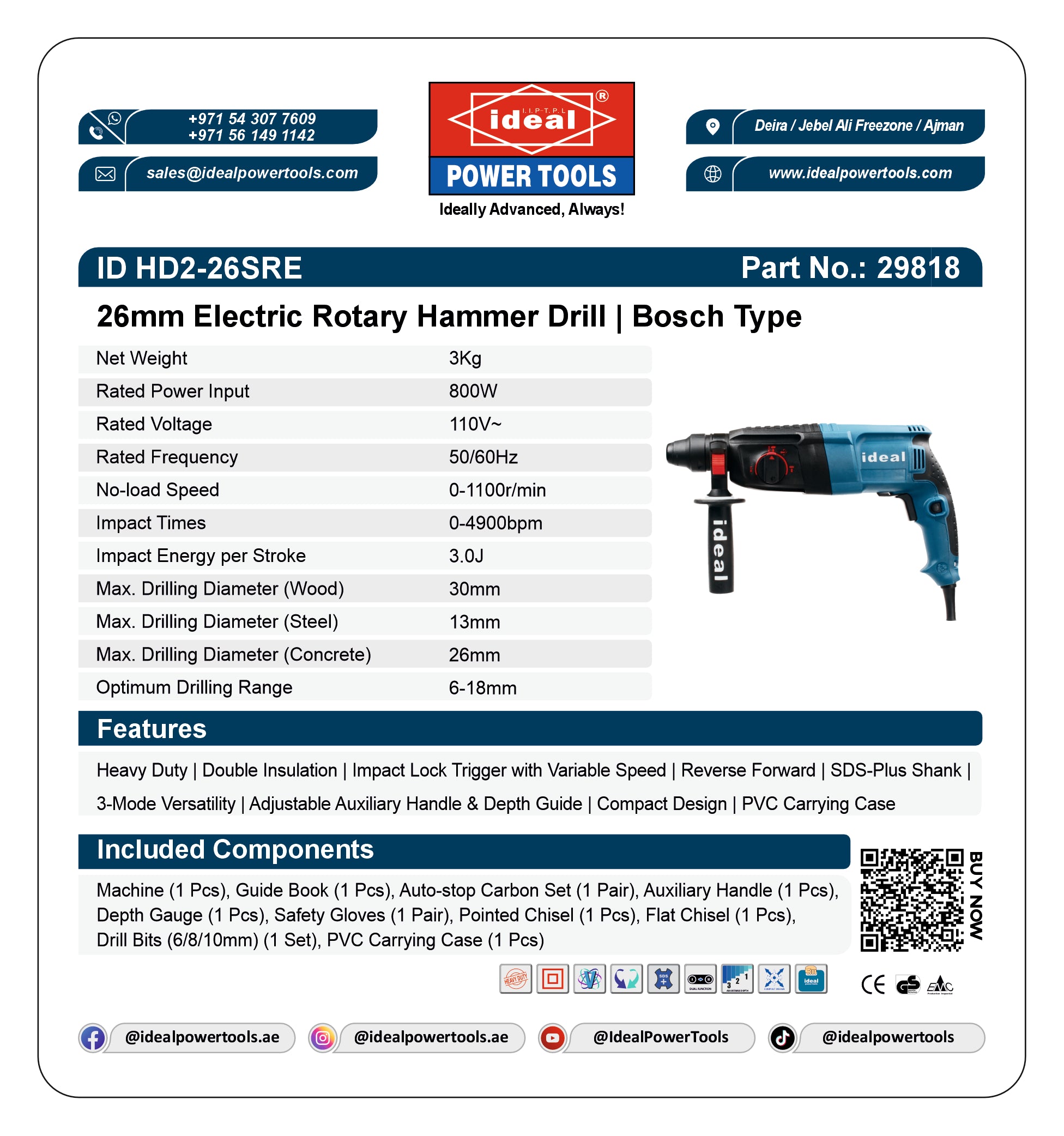 Product label for 26mm Electric Rotary Hammer Drill with Ideal Power Tools branding.