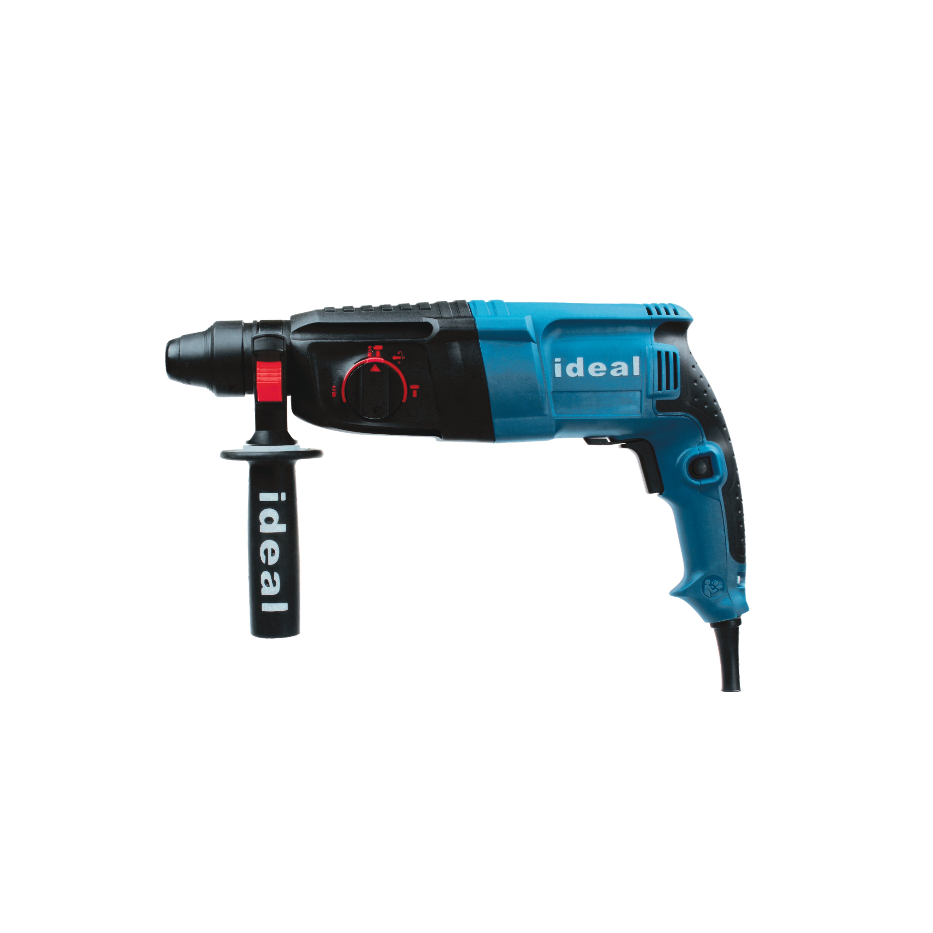 Blue and black rotary hammer drill ID HD2-26SRE with 'ideal' branding on a white background