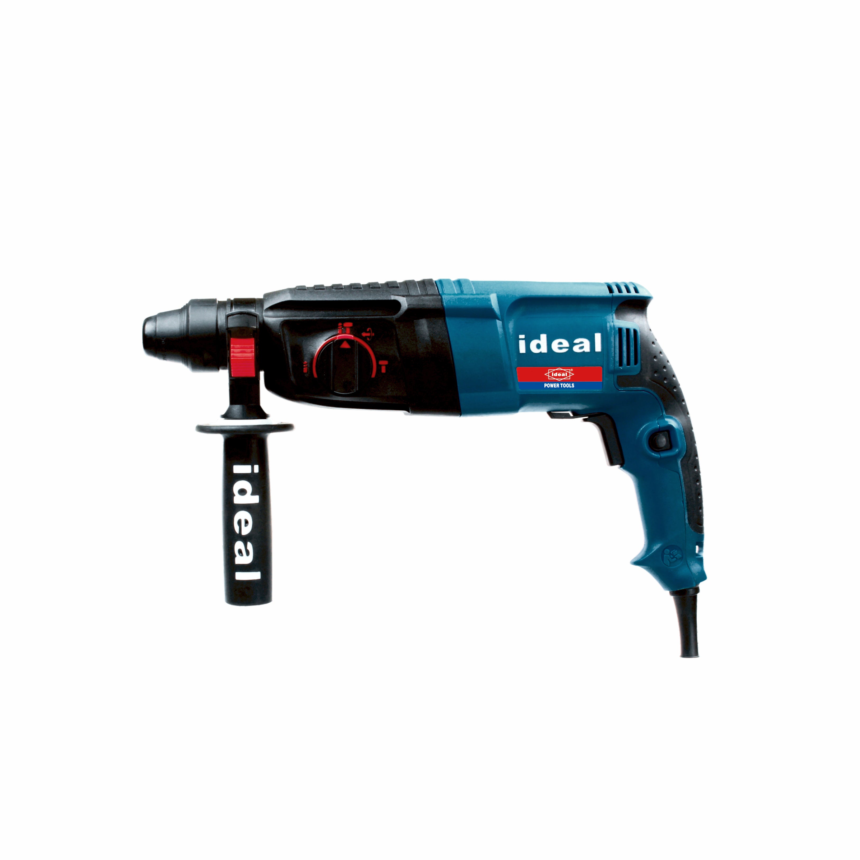 Blue and black rotary hammer drill ID HD2-26SRE with 'ideal' branding on a white background