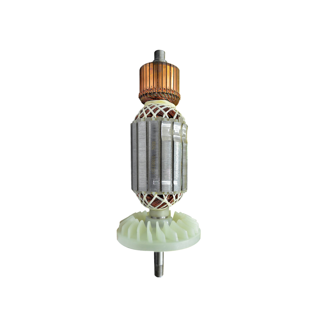 A replacement armature with a copper-colored stator, a white plastic splined hub, and a silver metal core, shown on a solid white background.