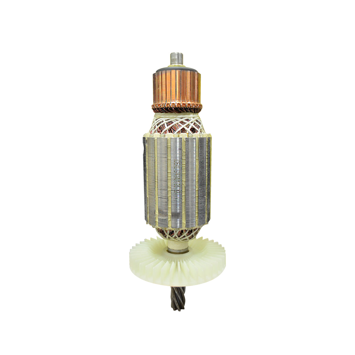 An armature with copper windings, a silver metal core, and a white plastic rotor ring, isolated on a white background.
