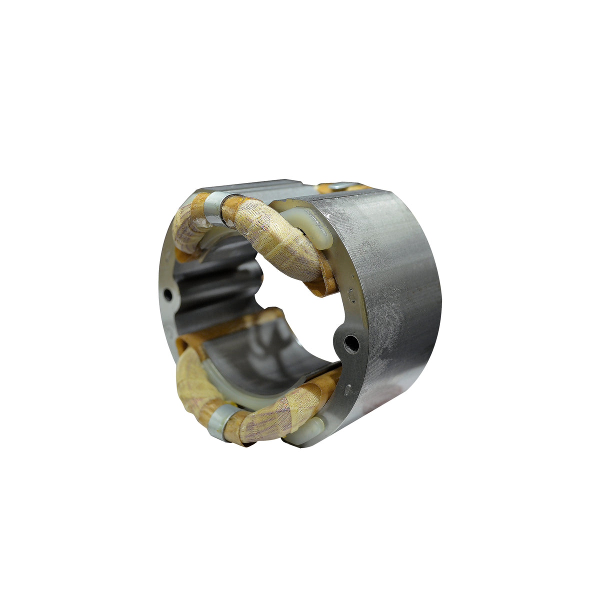 A metal coil with gold-toned insulated winding, shown on a plain white background.