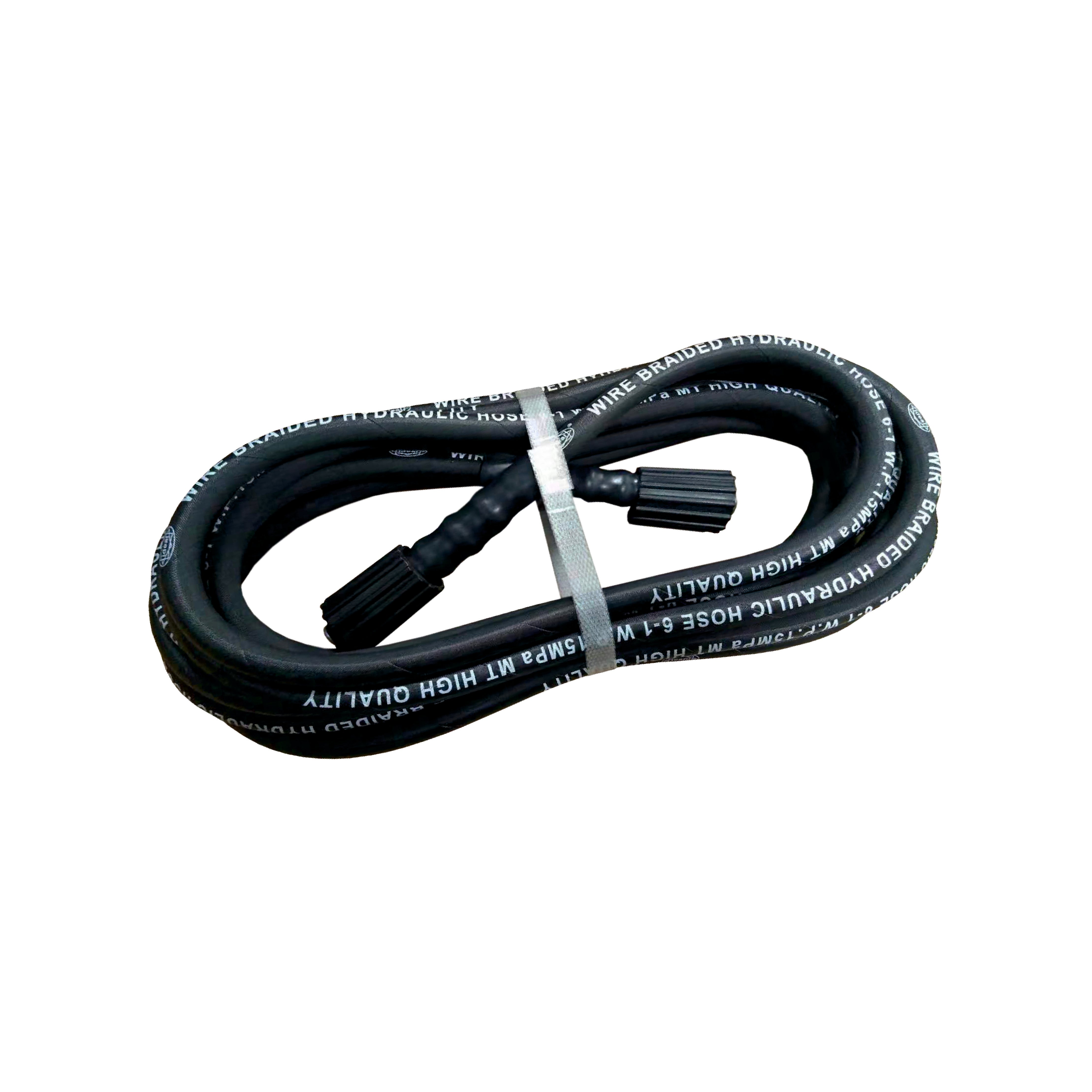 A coiled black hose pipe ID HSP8 with connectors at one end, packaged with a label.