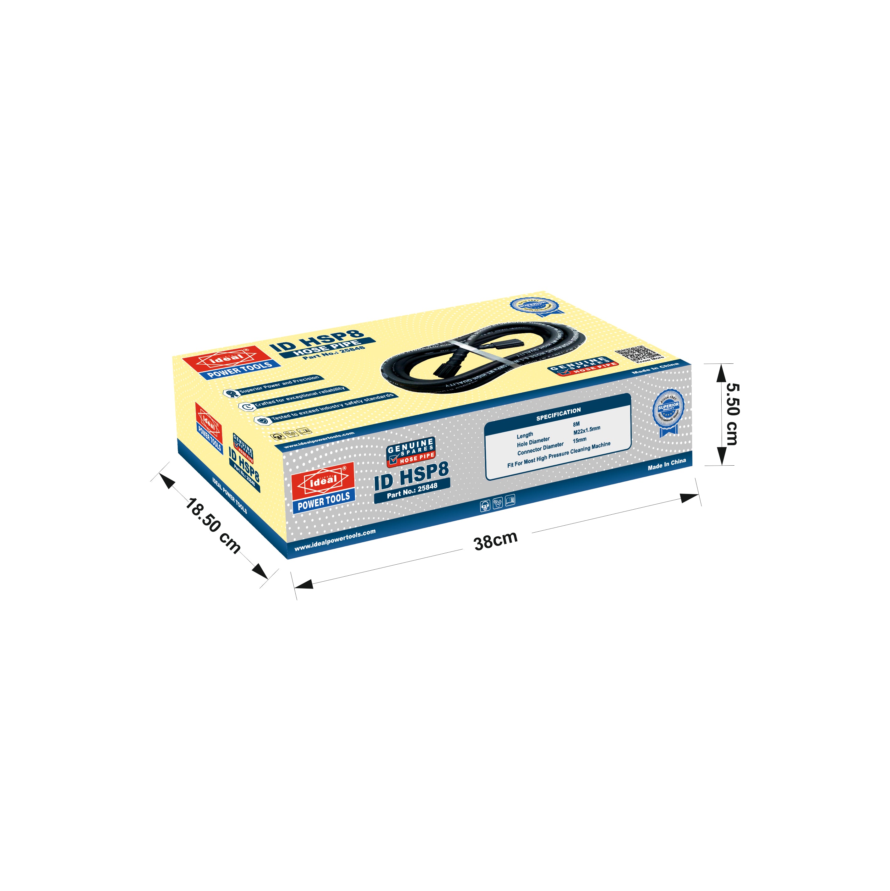 Packaging of ID HSP8 hose pipe with dimensions indicated on a white background