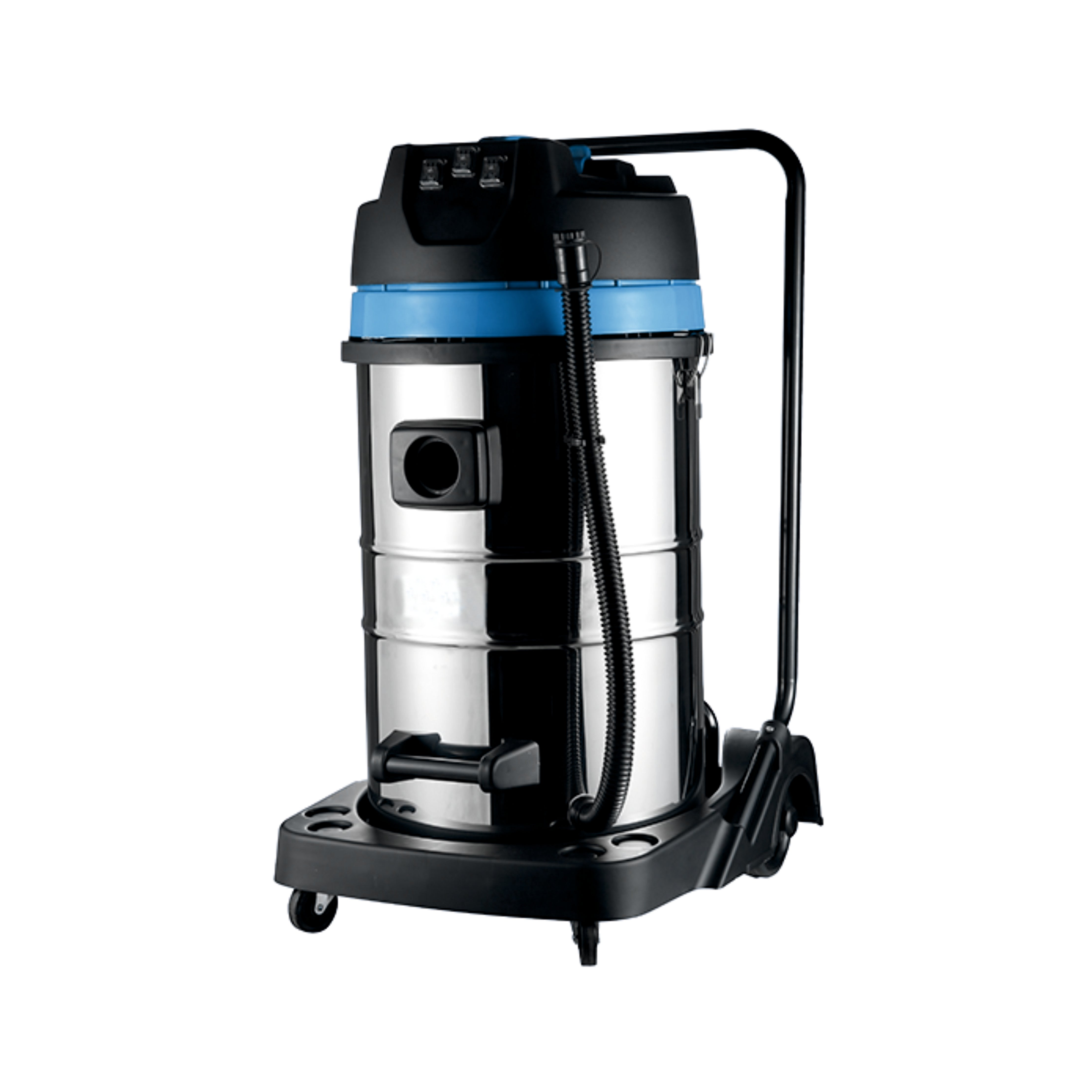 A vertical image of an industrial vacuum cleaner machine with a stainless steel body, black accents, and a blue top. It includes a power cord and has wheels for mobility.