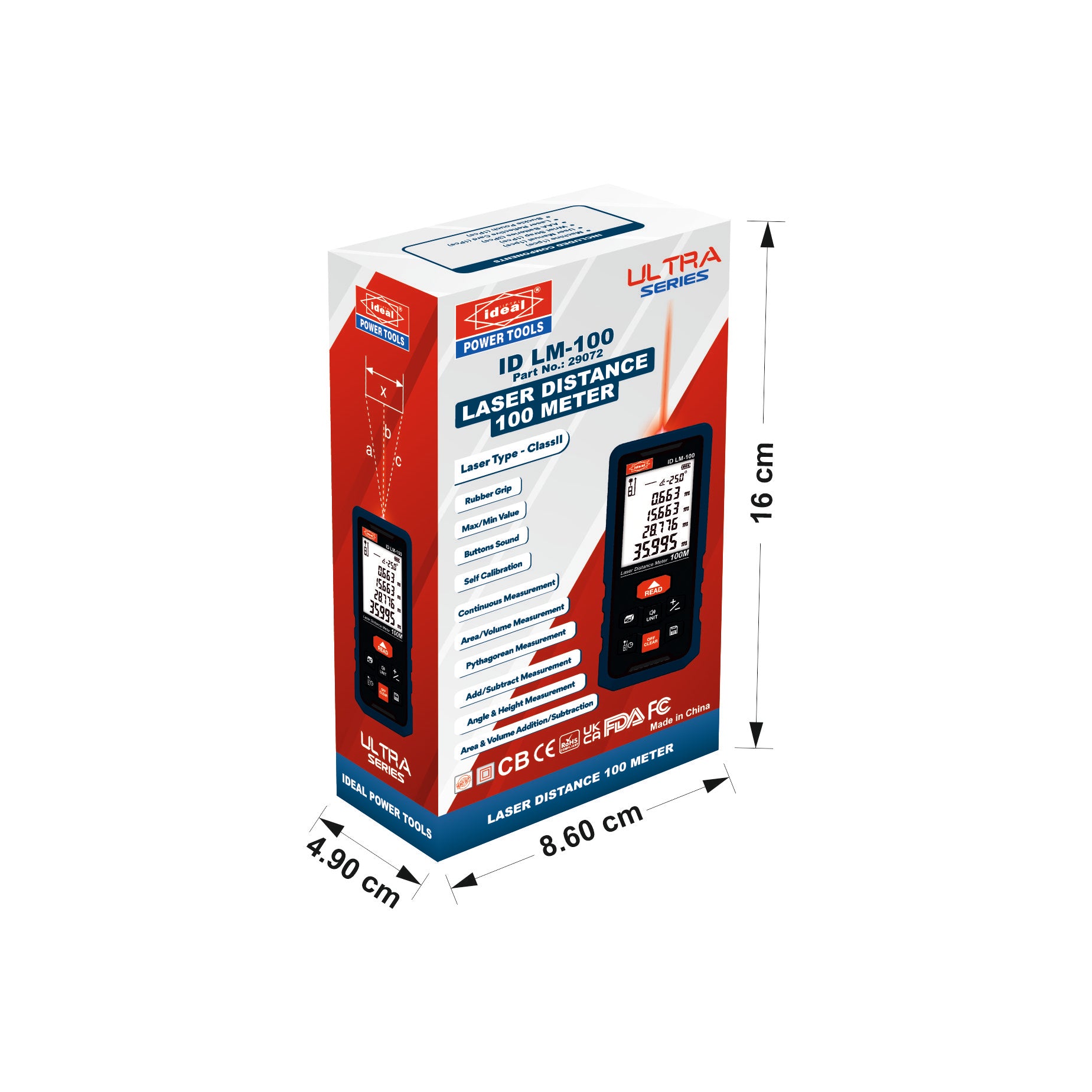 Box of laser distance meter ID LM-100 with dimensions indicated