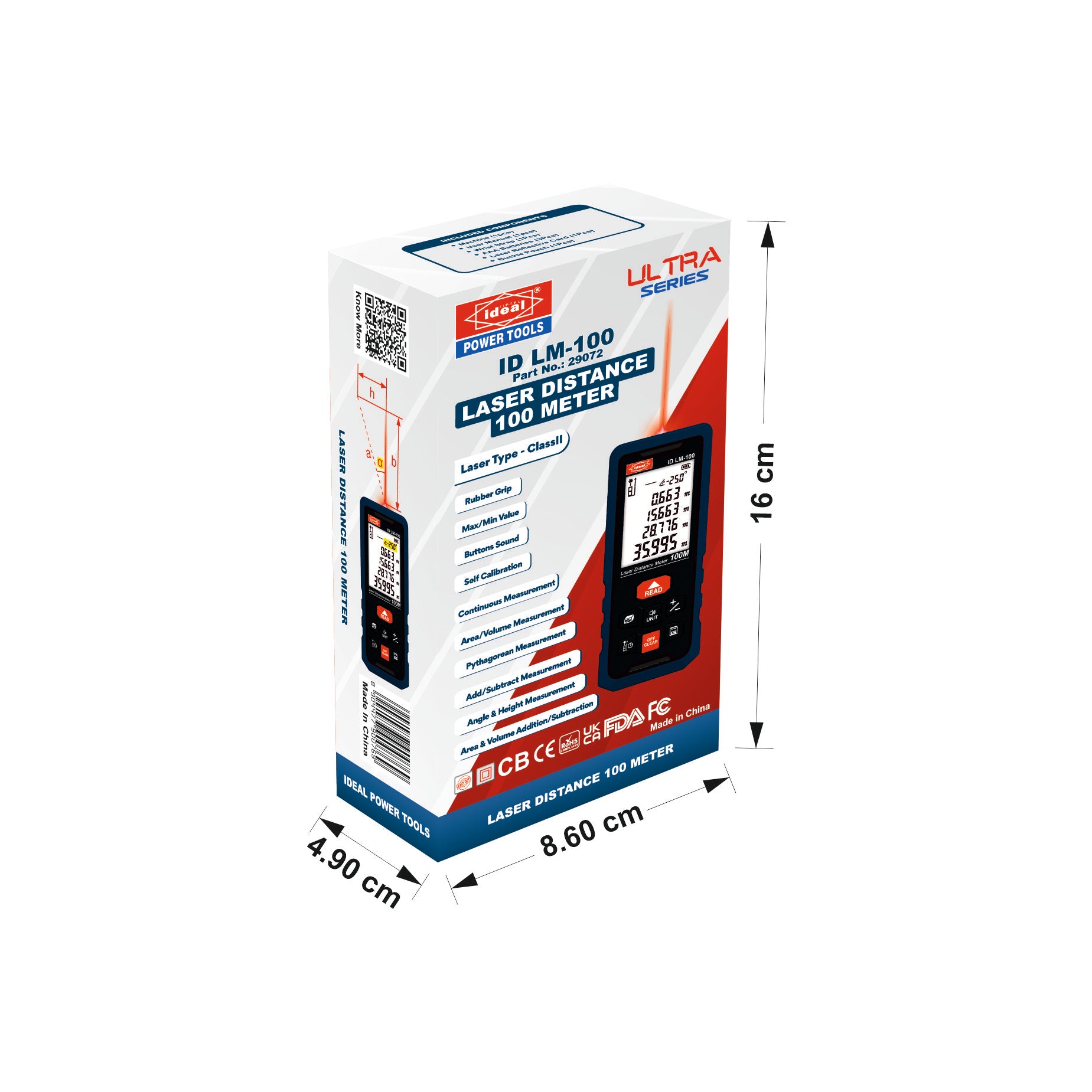 Box packaging of ID LM-100 laser distance meter with dimensions marked