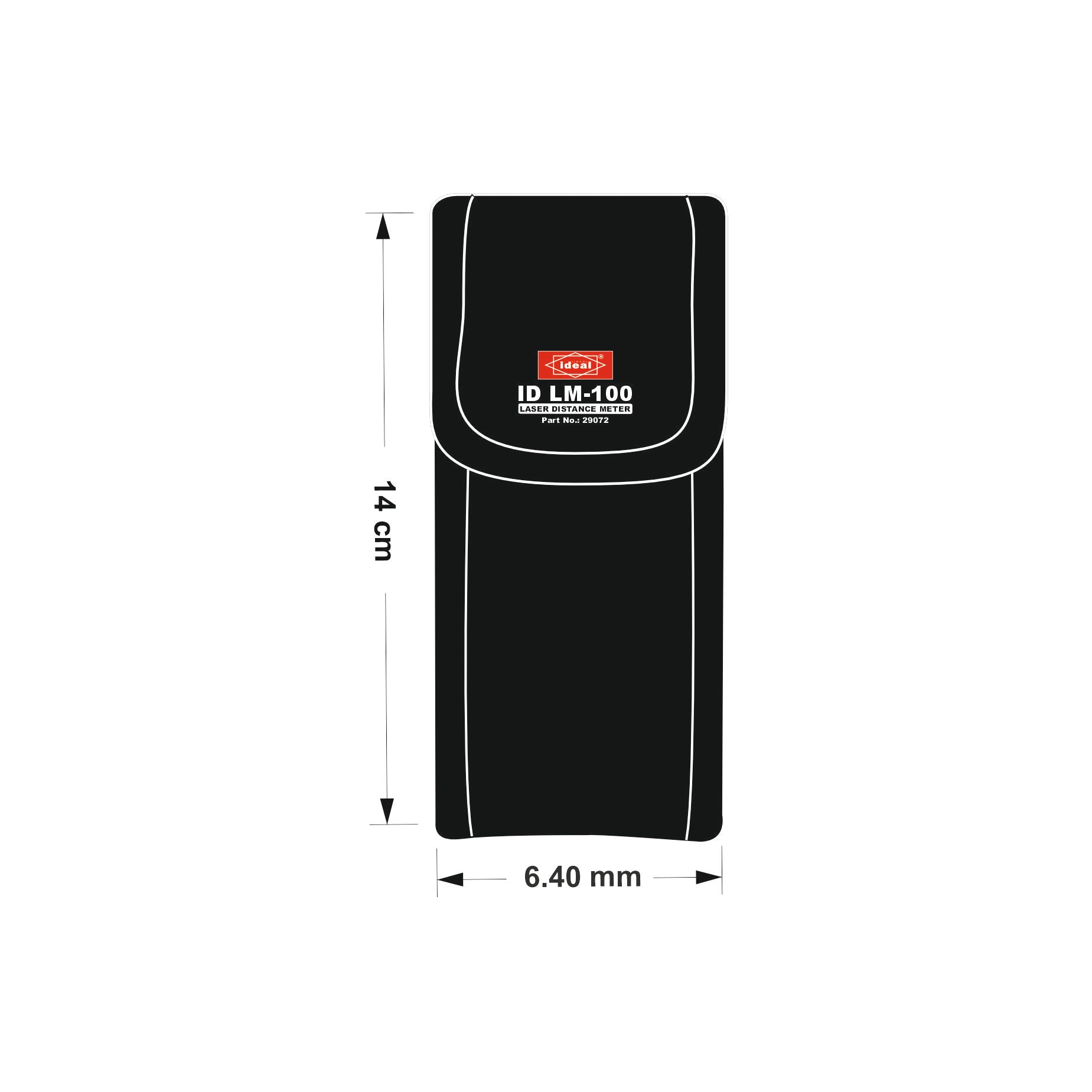 Ideal laser distance meter ID LM-100 on a pouch with dimensions indicated on a white background