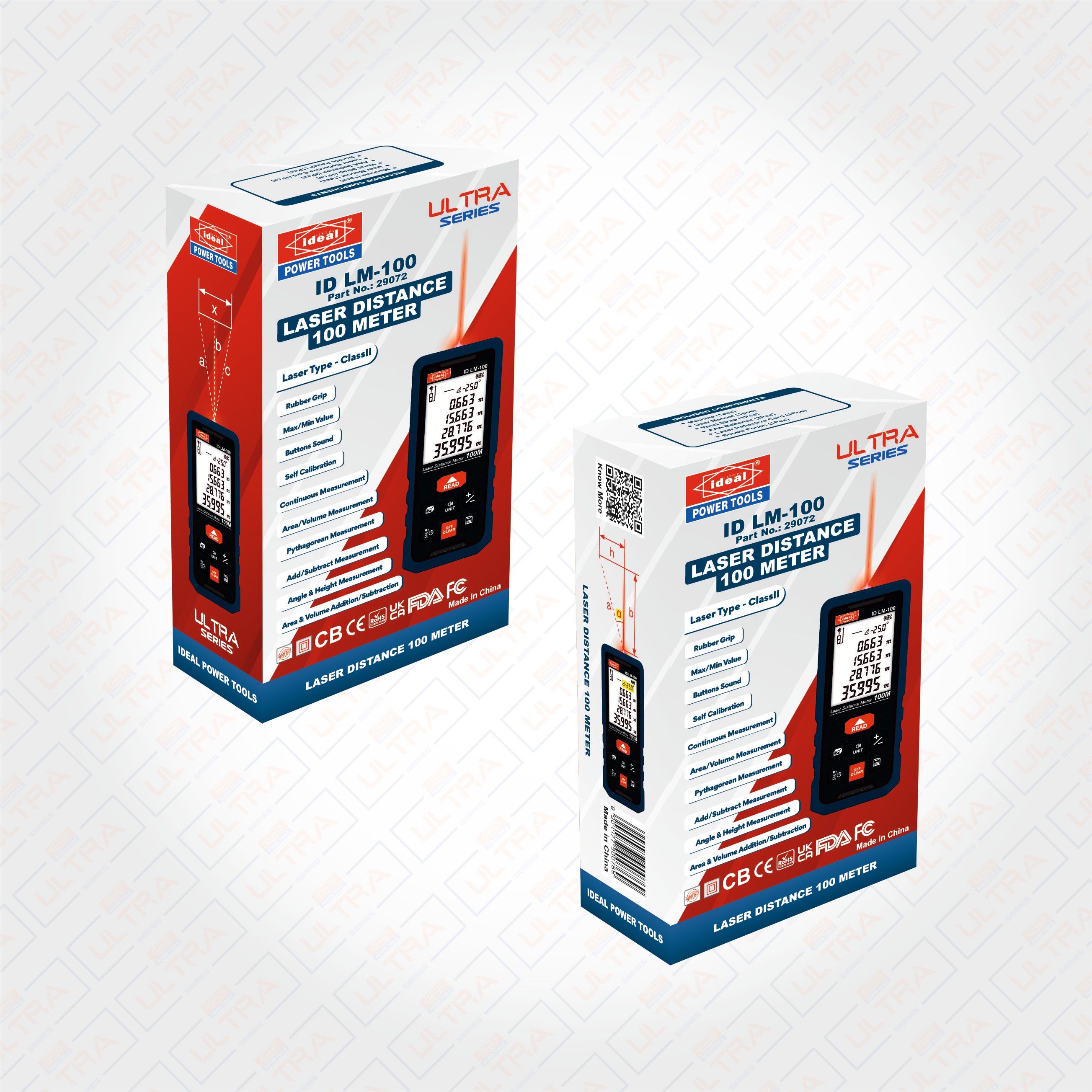 Two boxes of ideal ID LM-100 laser distance measure on a white background