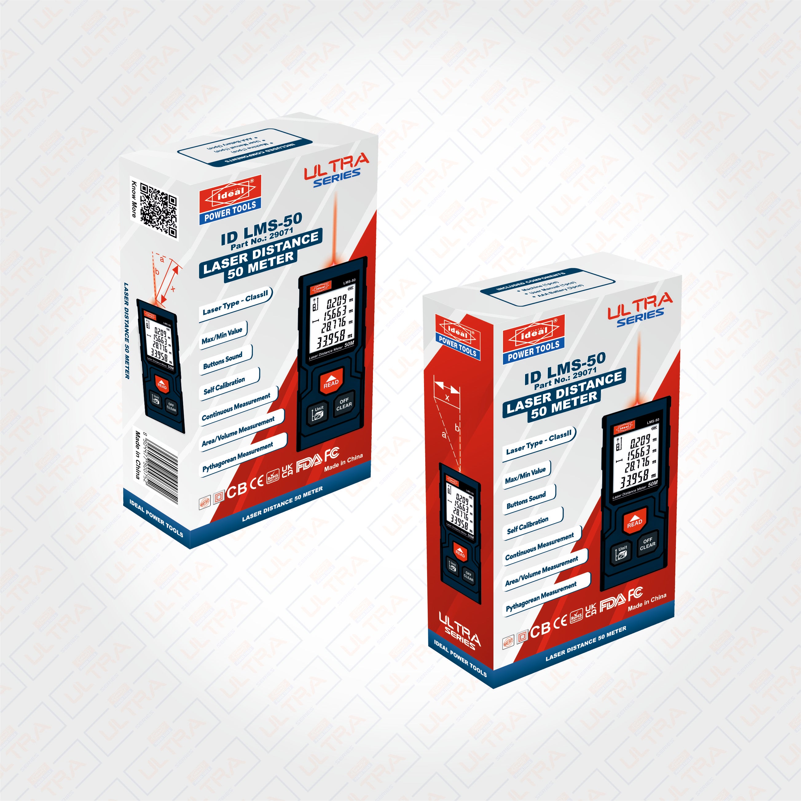 Two boxes of ID LMS-50 laser distance meter with branded background
