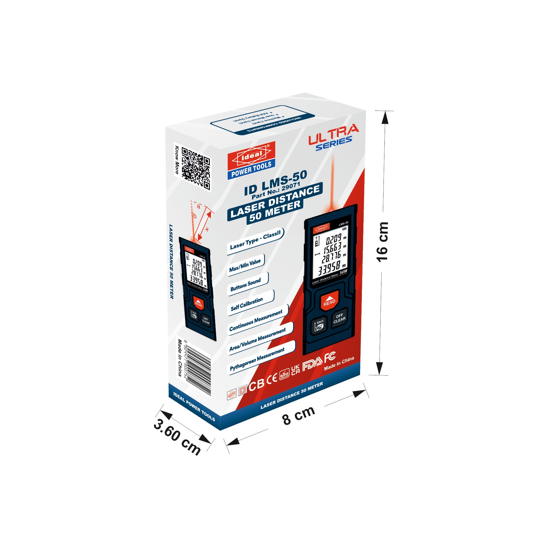 Box packaging of ID LMS-50 laser distance meter with dimensions