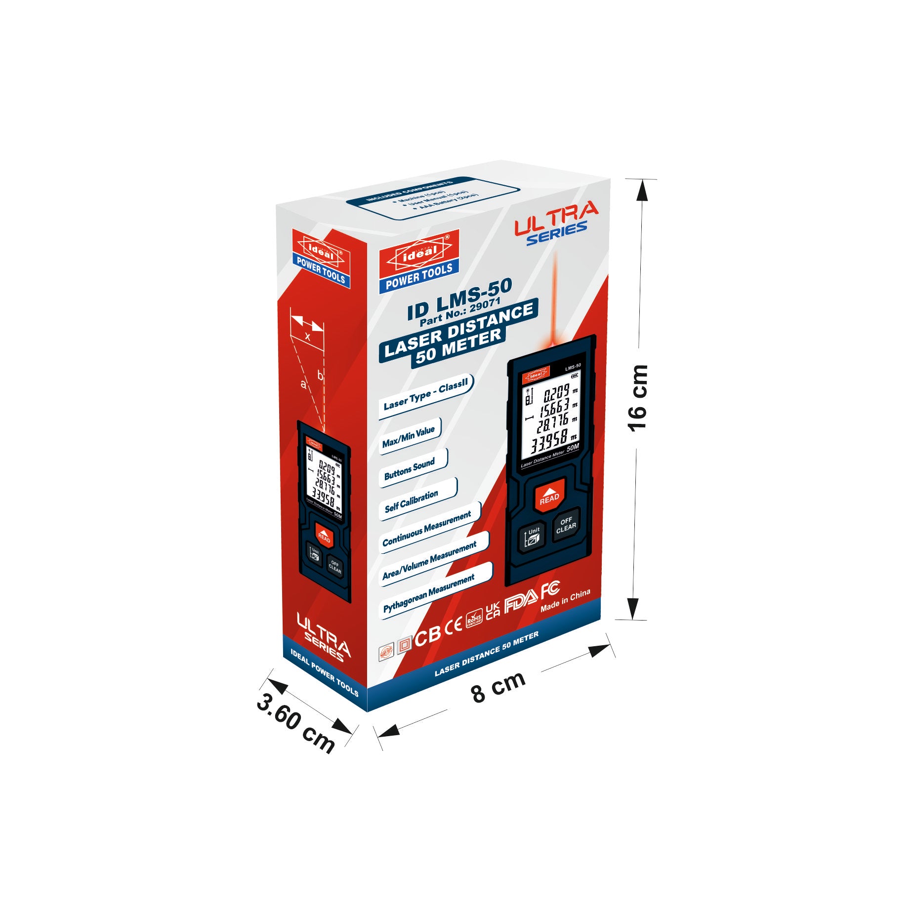 Box of ID LMS-50 laser distance meter with dimensions marked on a white background