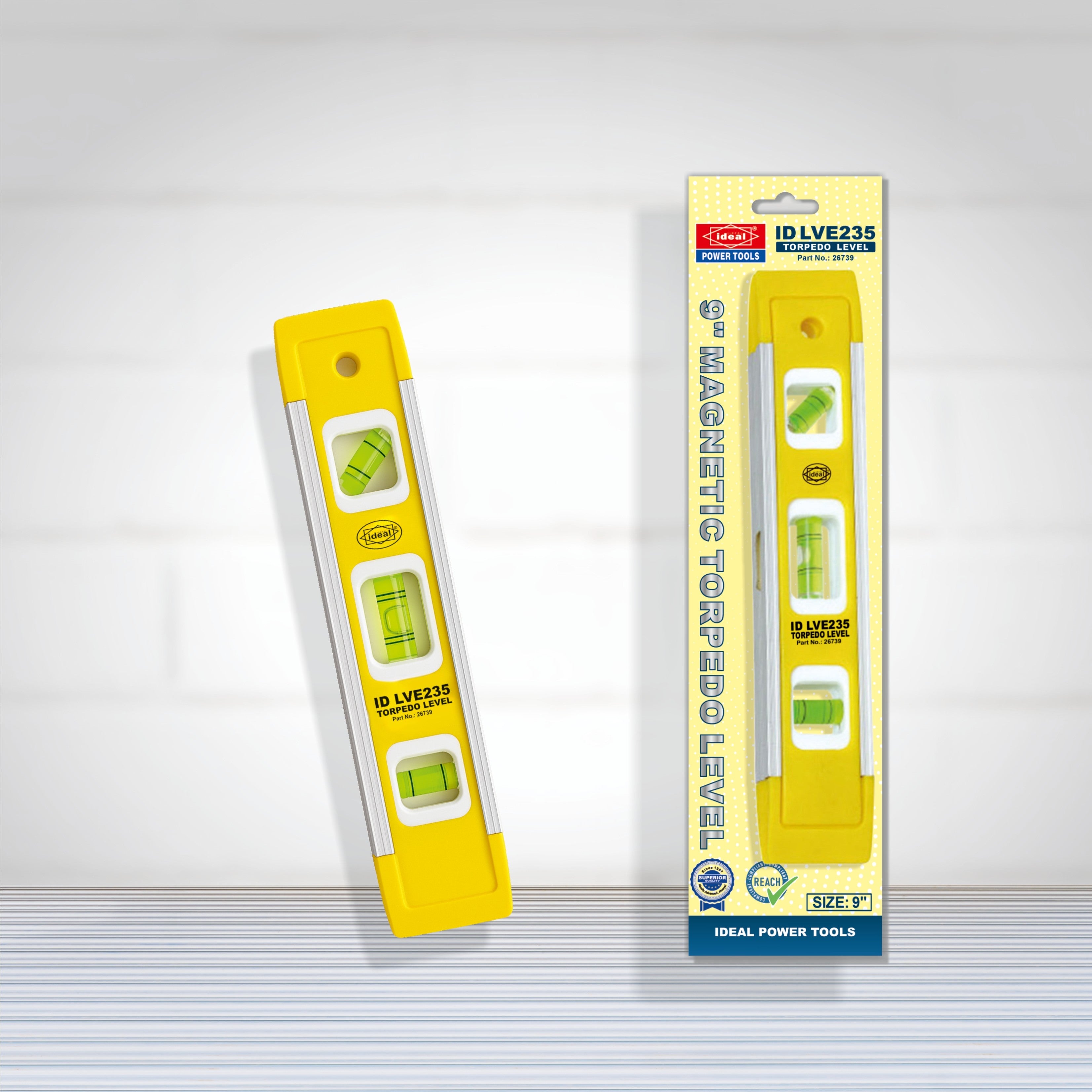 Two packages of a magnetic 9-inch torpedo level on a white background