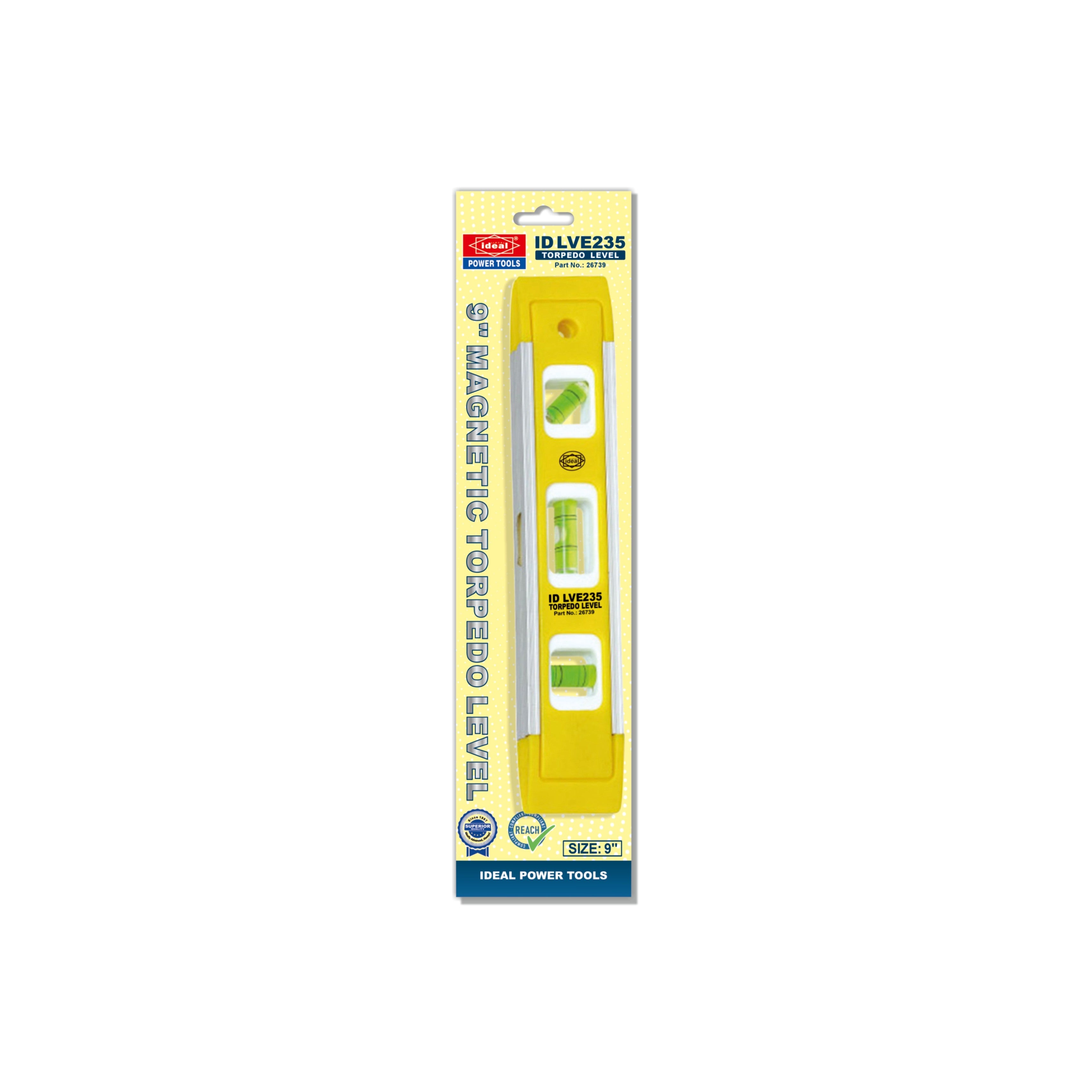 Yellow 9-inch Torpedo Spirit Level with packaging on a white background
